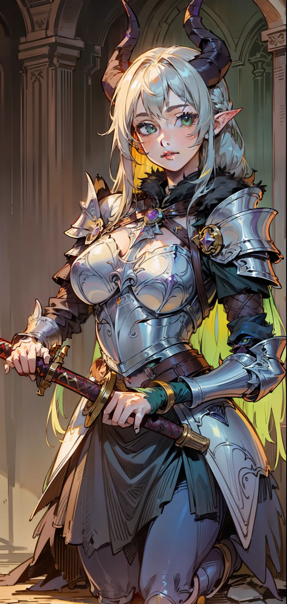 Best quality, masterpiece, ultra high res, (photorealistic:1.4), raw photo, 1girl, offshoulder, in the dark, deep shadow, low key, cold light, green eyes, (((horns))), very long hair, bangs, leather fantasy clothes, demon, big bust, cute face, full body, medieval , (((full body))), silver details, medieval clothes, detailed face, boots, (((magic sword))), shield, belt, bracelets, (((shoulder armor))), elegant, (((furr))), (((crow))), braided hair, silver ornaments, (((perfect face))), blonde hair, masterpiece