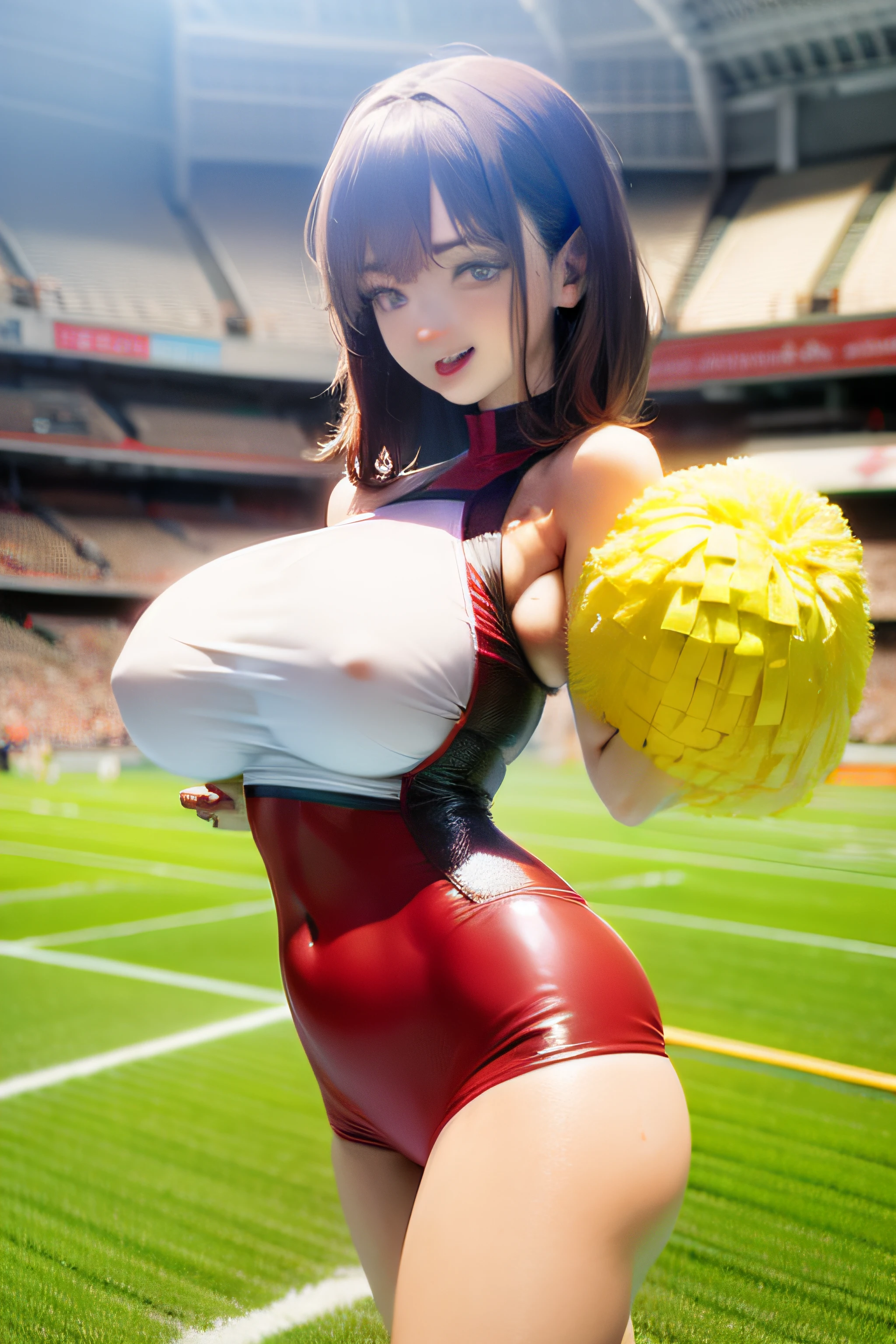anime girl in cheerleader outfit posing in front of a stadium, oppai, Makoto, Big breasts!, nishimiya shouko, Big breasts!!, biomechanical oppai, Big!!!!!!!!!!!!, makoto kano, makoto shinka, Chest covered、SFW, marin kitagawa fanart, [ Digital Art in 4K ]!!, nagatoro, 4K!