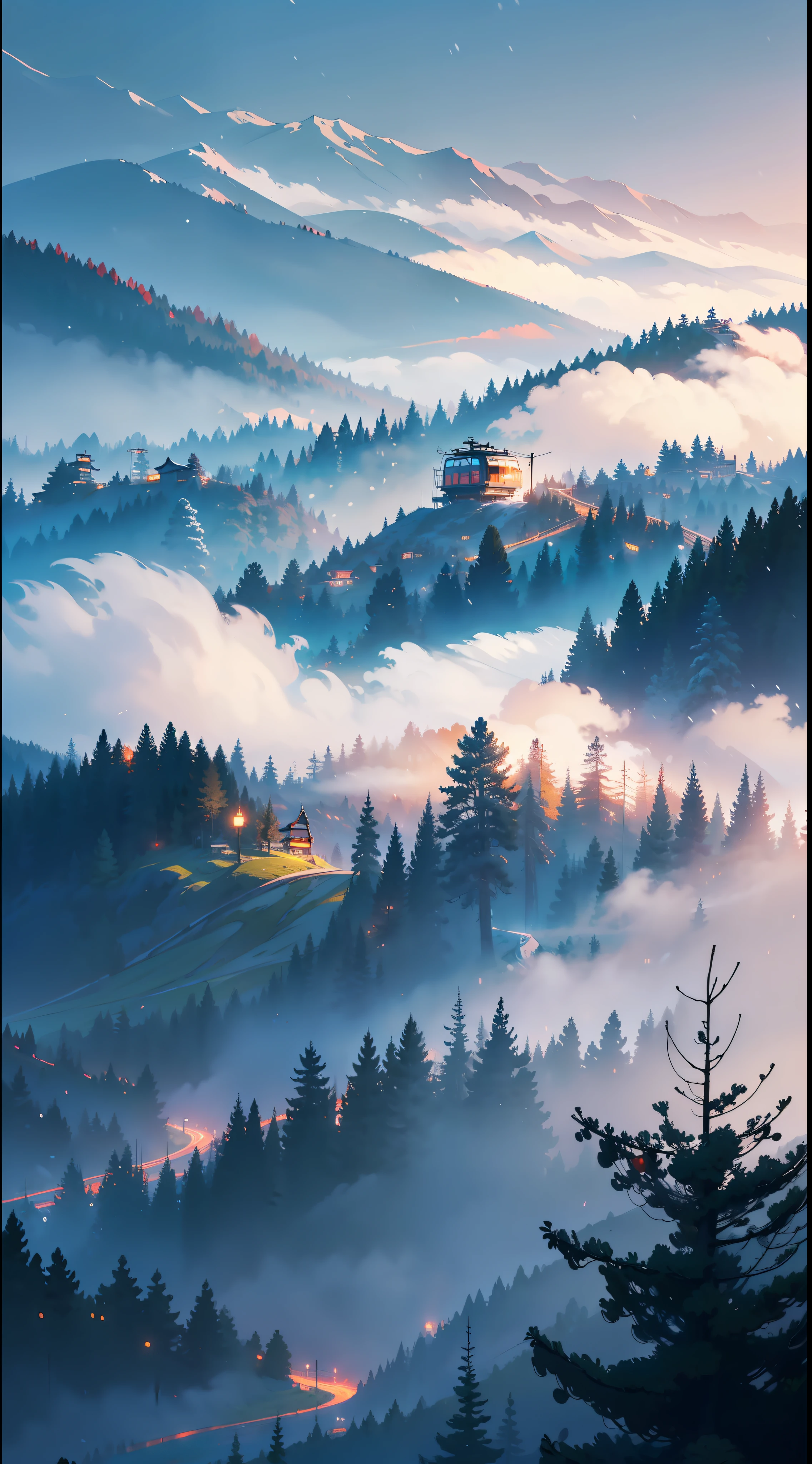 Best quality,16K Ultra Clear,snow mountains,Tianchi,grass field,smog,cable car,The Car,woods,Wonderland,misterious,fog atmosphere,Clear,exalted,Exquisite close-up,exquisitedetails,hyper detailled,