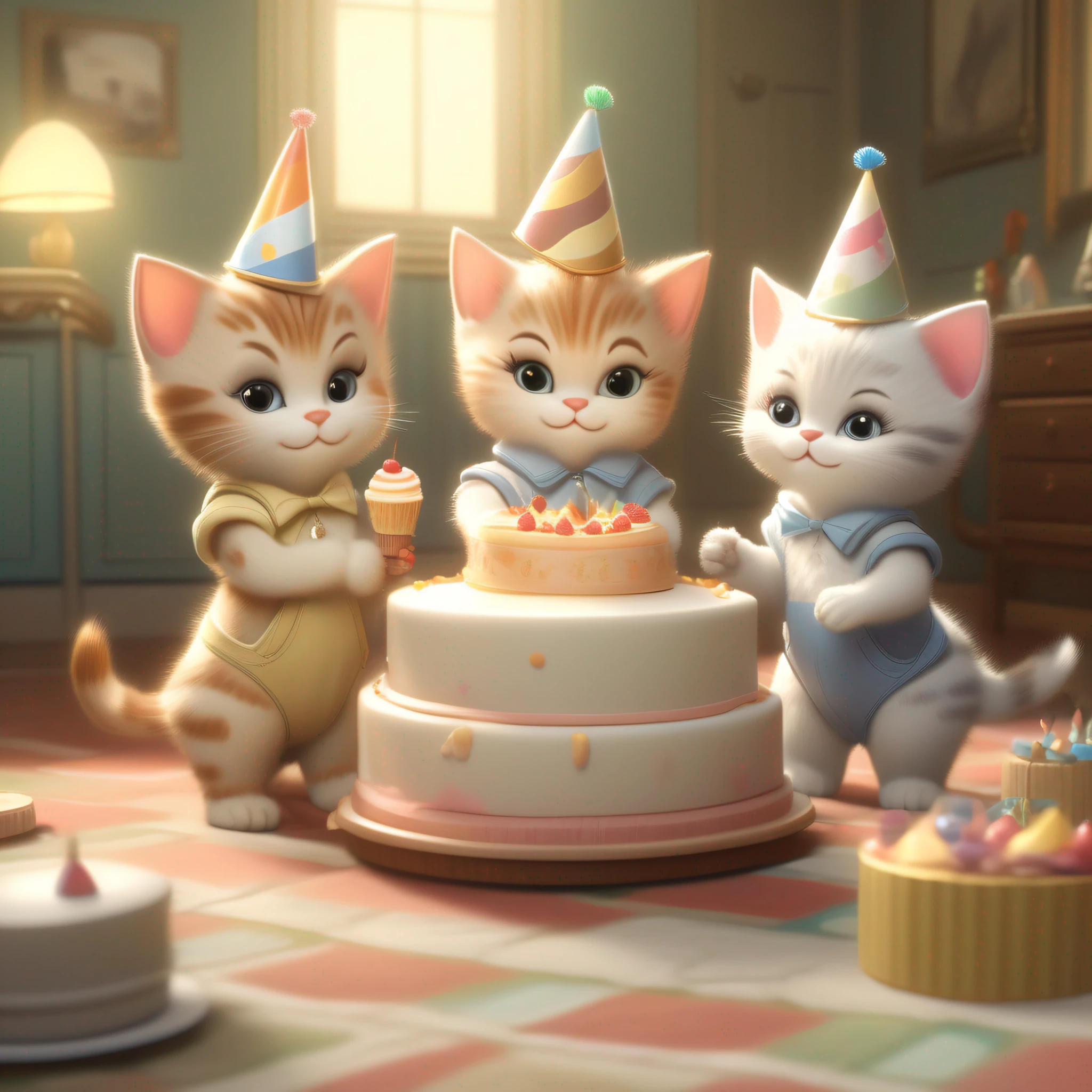Cute little group of three kittens, smartly dressed in overalls, gown , one of them holding  white color birthday cake in hand , full body view, zoom out , party background , Unreal engine, cozy indoor lighting, Artstation, high richness of detail, digital painted, Cinematic, Character Design by Mark Ryden, Pixar and Hayao Miyazaki, Unreal 5, daz, hyperrealistic, Octane Render