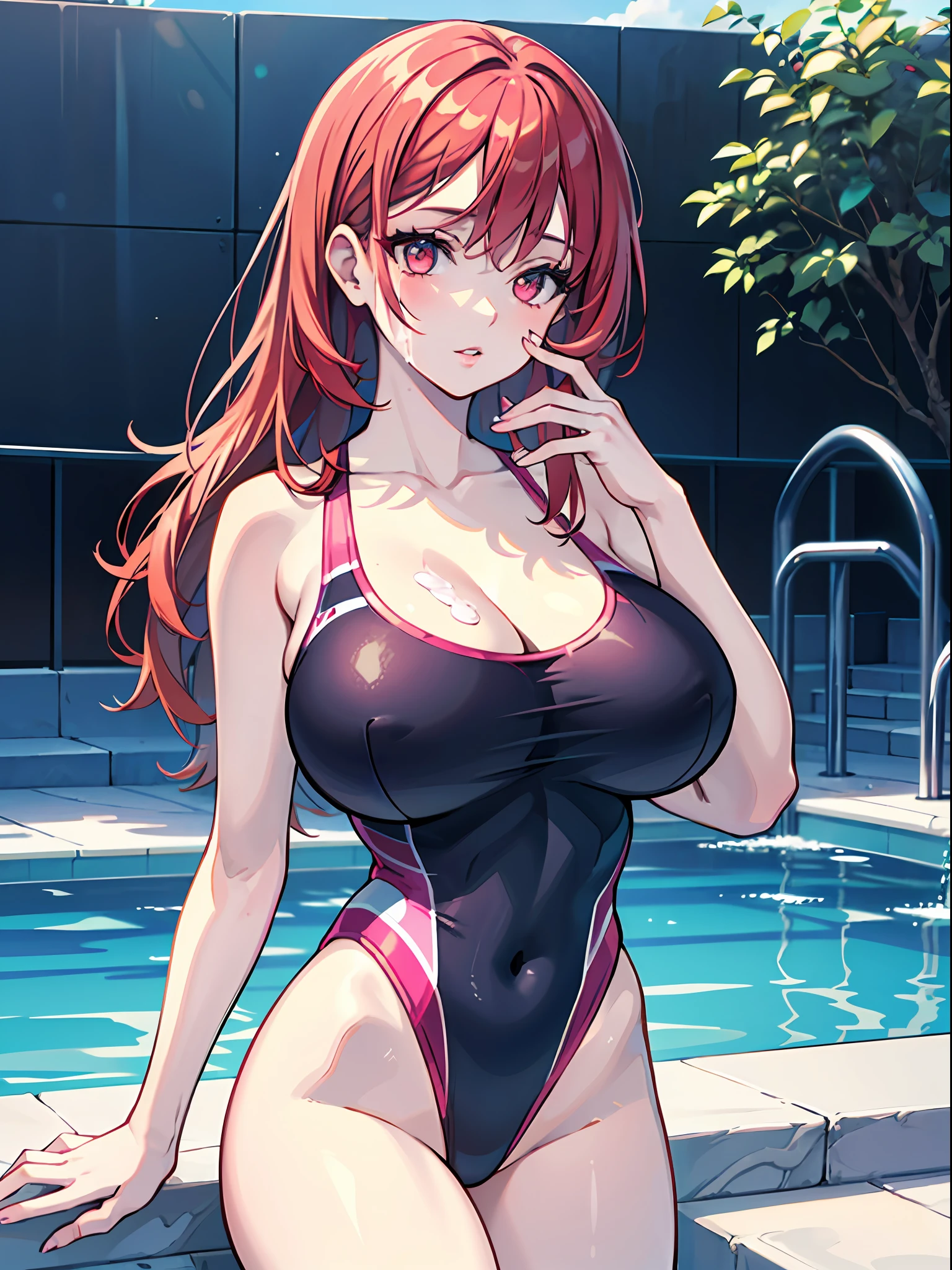a masterpiece of, hight clarity, hightquality, Detailed face, detailed body render, 1girl huge large breasts, 独奏, Upper body body,Tight swimsuit,By the pool,nasse,Pink Long Hair, Moisturize lips,No bras, breasts out,Be red in the face,embarressed