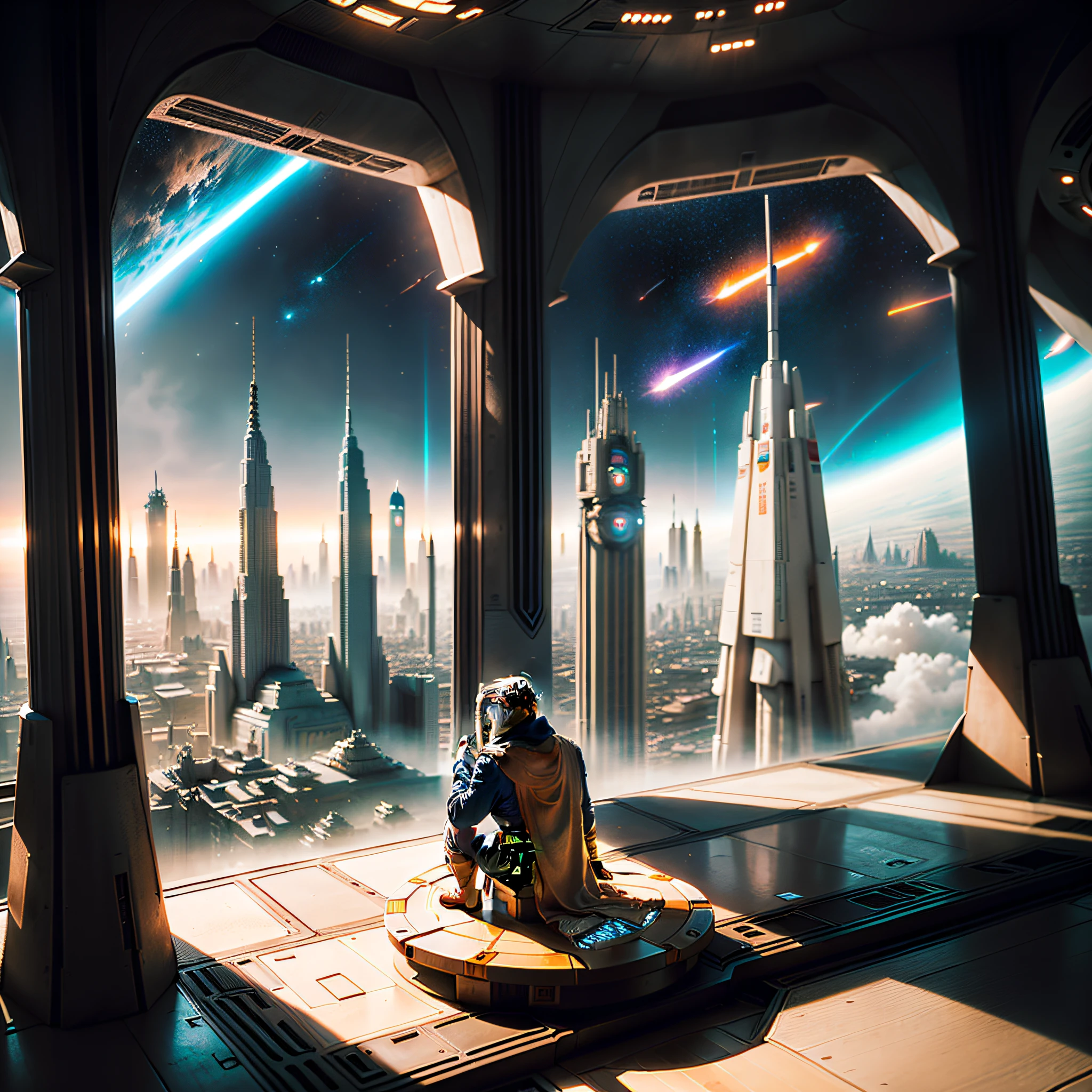 (obi wan kenobi, se encuentra en (la planicie del espaciopuerto de coruscant), contemplando la (inmensa spacecraft de la republica), al fondo esta ka ciudad de coruscant, llena de superestructuras de fantasia y supertecnologica. ambiente star wars).