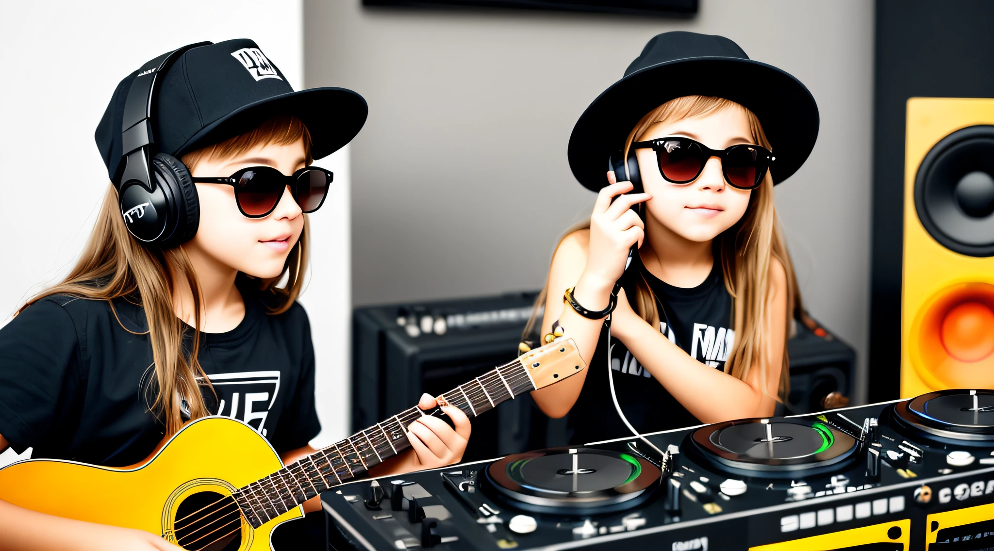 BLONDE CHILD LONG HAIR WEARING A HAT , Holding a boombox and pointing with your hand, Boombox, The Music Guy, blaster do gueto, em um fundo AMARELO, playing for music, em fundo AMARELO, DJ, imagem de muito baixa qualidade, YELLOW sunglasses and a guitar, Grande Gueto Blaster, com fones de ouvido, music is life, new music, vibrating with the music