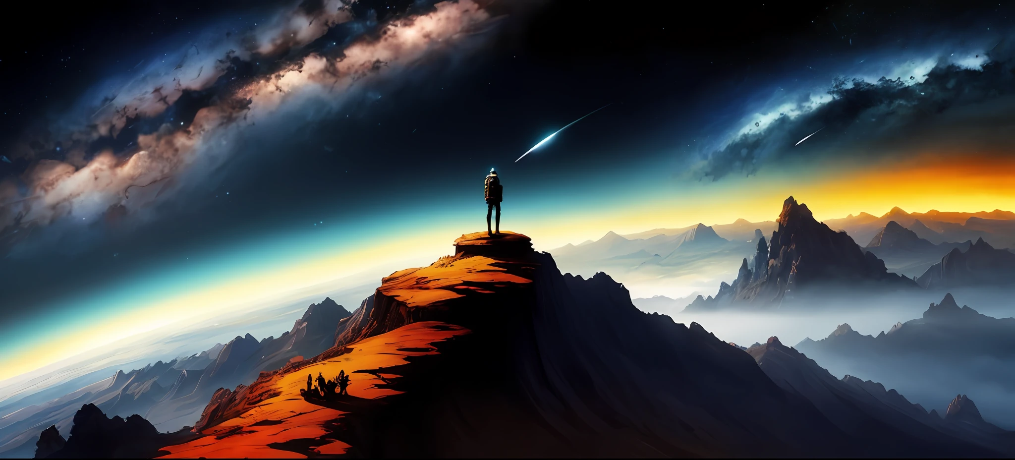 Silhueta de Duas pessoas altas palidas, with good body structure em um planeta lindo olhando para o a noite e o cosmos, manga manuscript, colorful manga, Cosmos, cores vibrantes, anjos, anime scenery, Estilo anime, paisagem de fantasia impressionante, Arte digital altamente detalhada em 4k, epic scifi fantasy art, paper awesome wallpaper, beautiful alien landscape