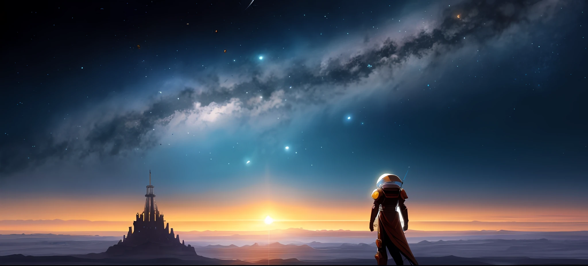 Silhueta de Duas pessoas altas palidas, with good body structure em um planeta lindo olhando para o a noite e o cosmos, manga manuscript, colorful manga, Cosmos, cores vibrantes, anjos, anime scenery, Estilo anime, paisagem de fantasia impressionante, Arte digital altamente detalhada em 4k, epic scifi fantasy art, paper awesome wallpaper, beautiful alien landscape