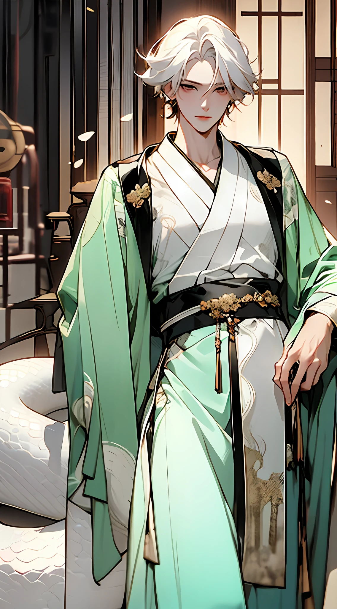1boys,Male,Man,Hanfu,Chinese clothing,White hair,White Snake,huge snake,Water