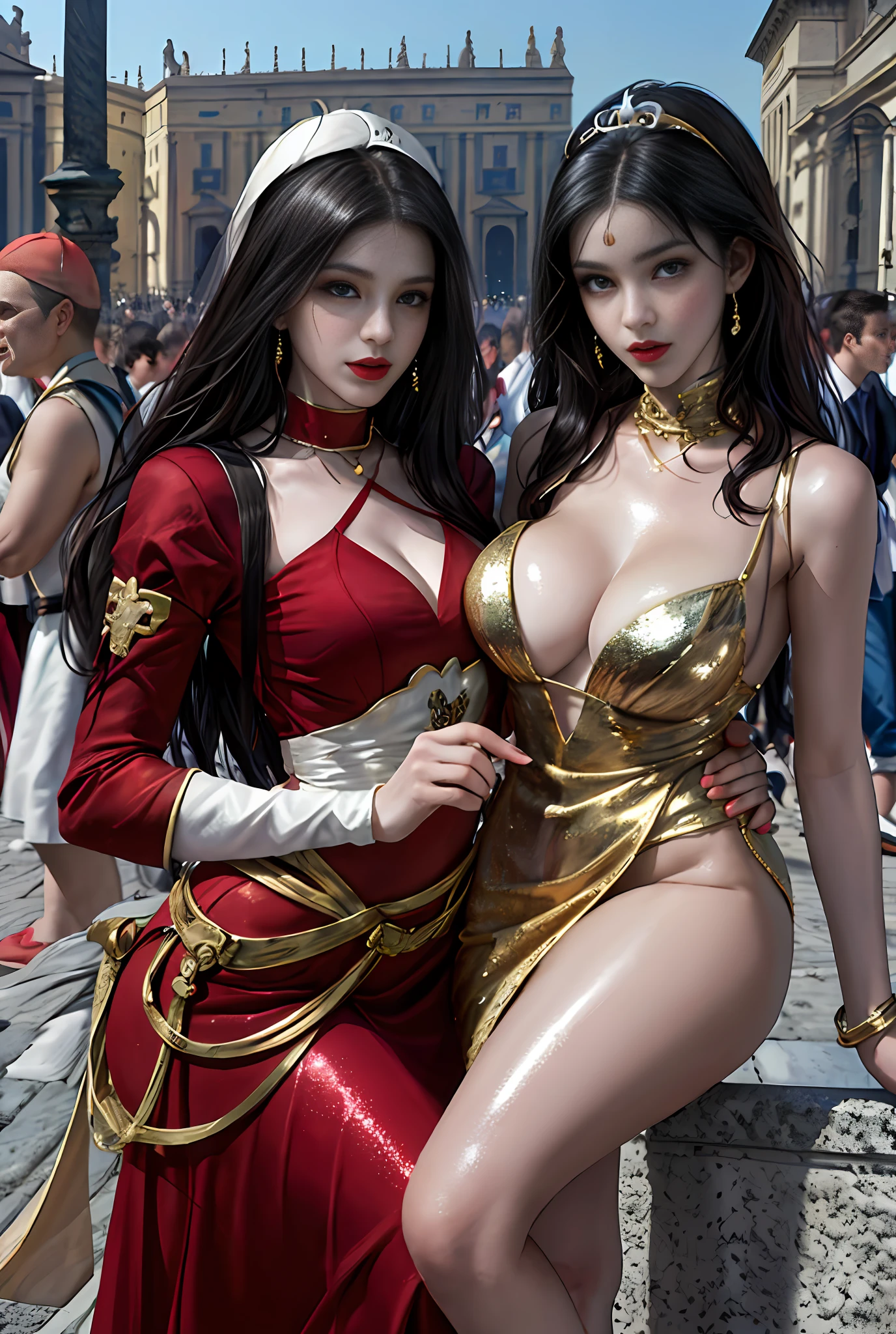 (巨作, Best quality, Realistic),
1girl huge large breasts,(on the St. Peter's Square of Vatican,crowd), St. Peter's Square of Vatican background,gypsy dress,(Princess Eyes,shiny pupils),Dancing,  Gold, banquet, crowd of, picking up skirt,
[Slight smile],
