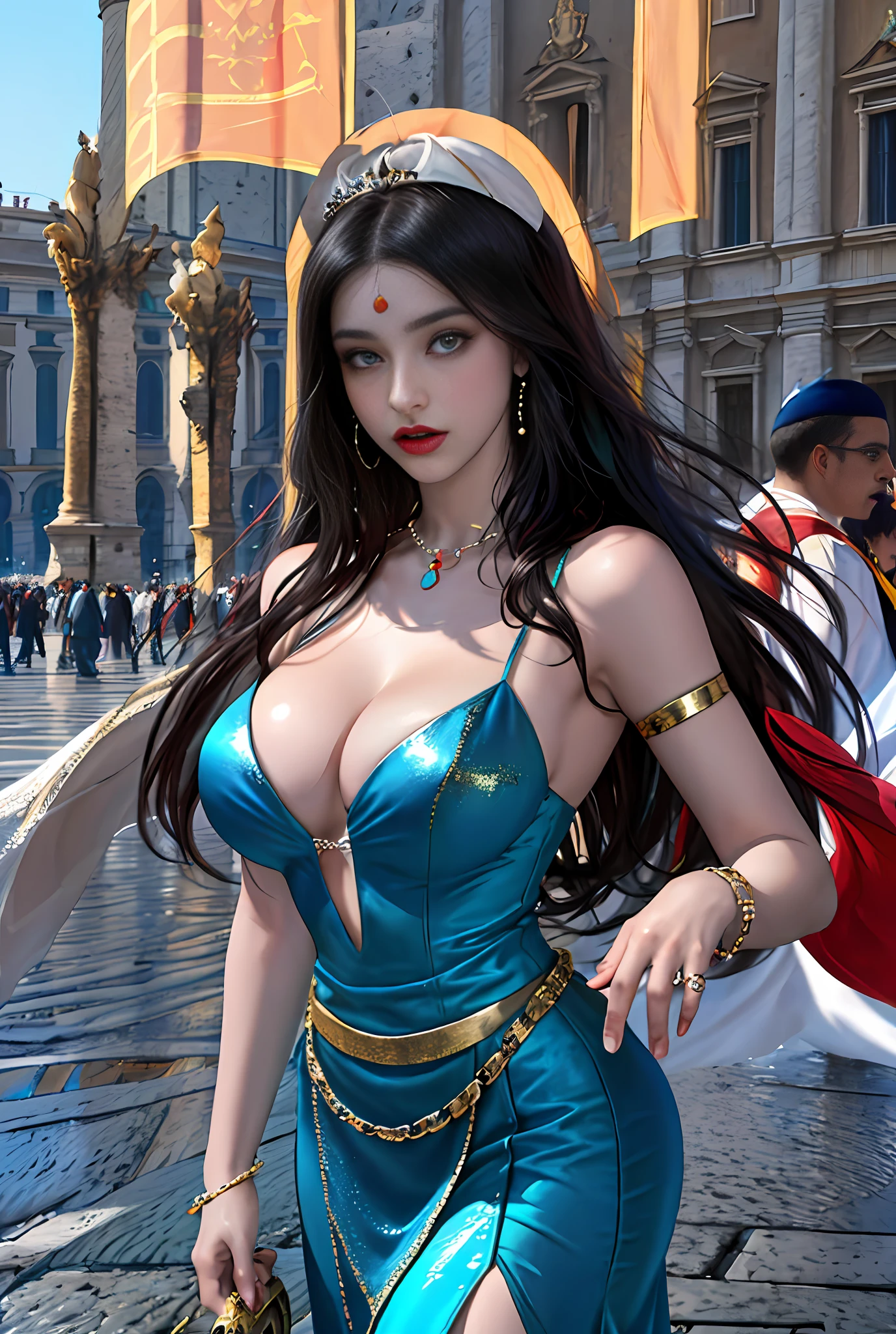 (巨作, Best quality, Realistic),
1girl huge large breasts,(on the St. Peter's Square of Vatican,crowd), St. Peter's Square of Vatican background,gypsy dress,(Princess Eyes,shiny pupils),Dancing,  Gold, banquet, crowd of, picking up skirt,
[Slight smile],