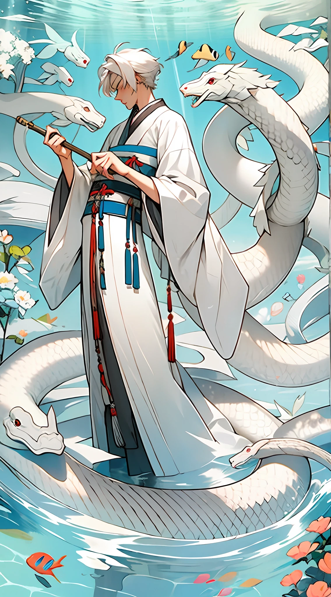 1boys，Male，Man，Hanfu，Chinese clothing，White hair，White Snake，huge snake，Water