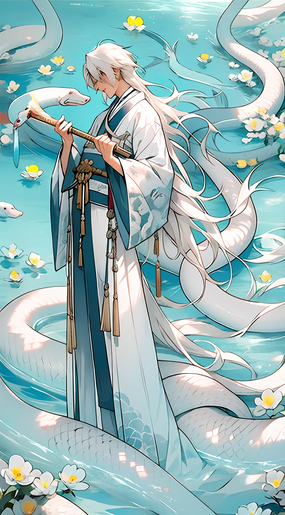 1boys，Male，Man，Hanfu，Chinese clothing，White hair，White Snake，huge snake，Water