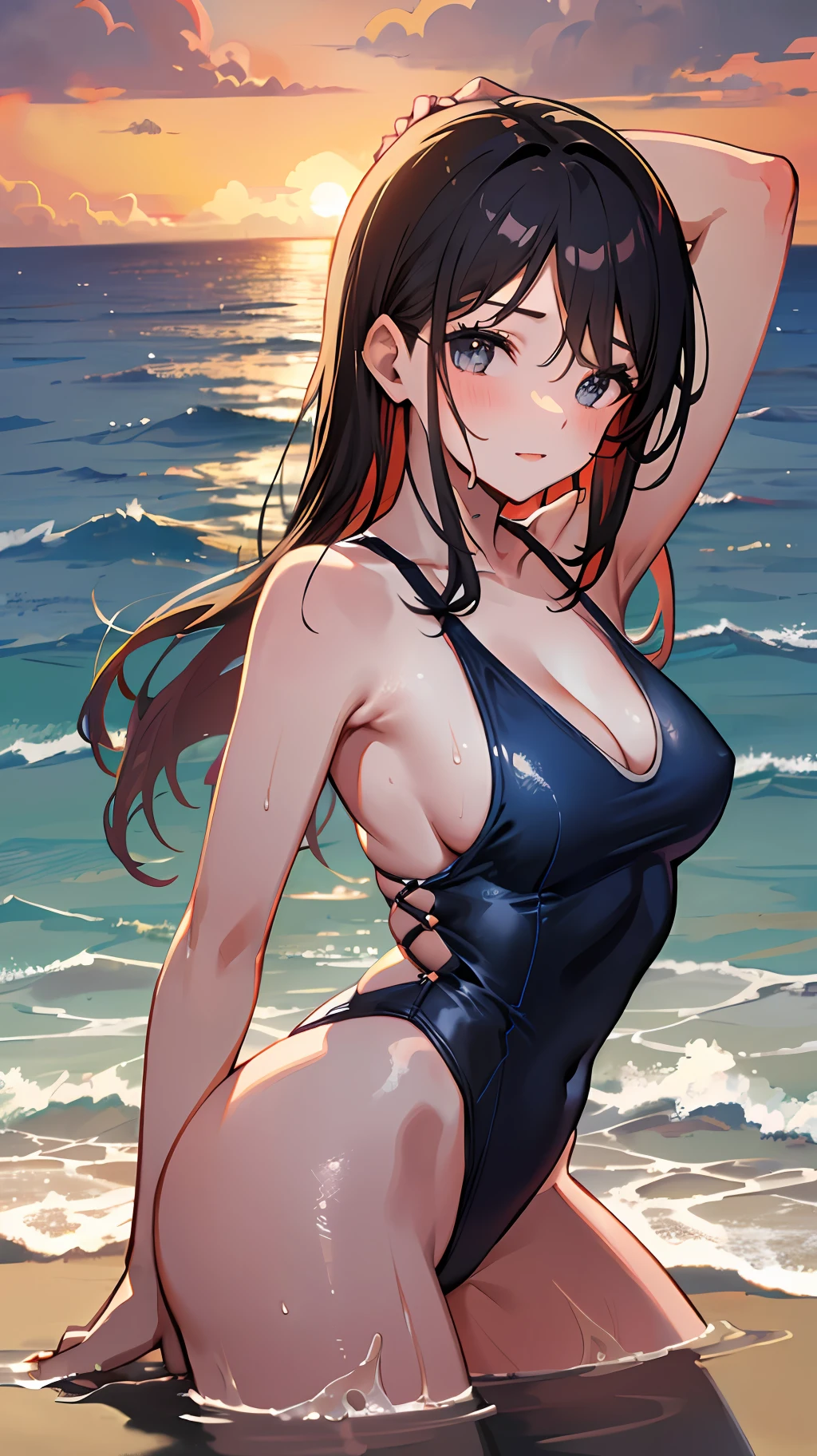 (Sexy girl:1.3, wet at the beach:1.2, in swimsuit:1.2, beach scene), high saturation, sunset view, Warm light, dynamicpose, Dramatic atmosphere.