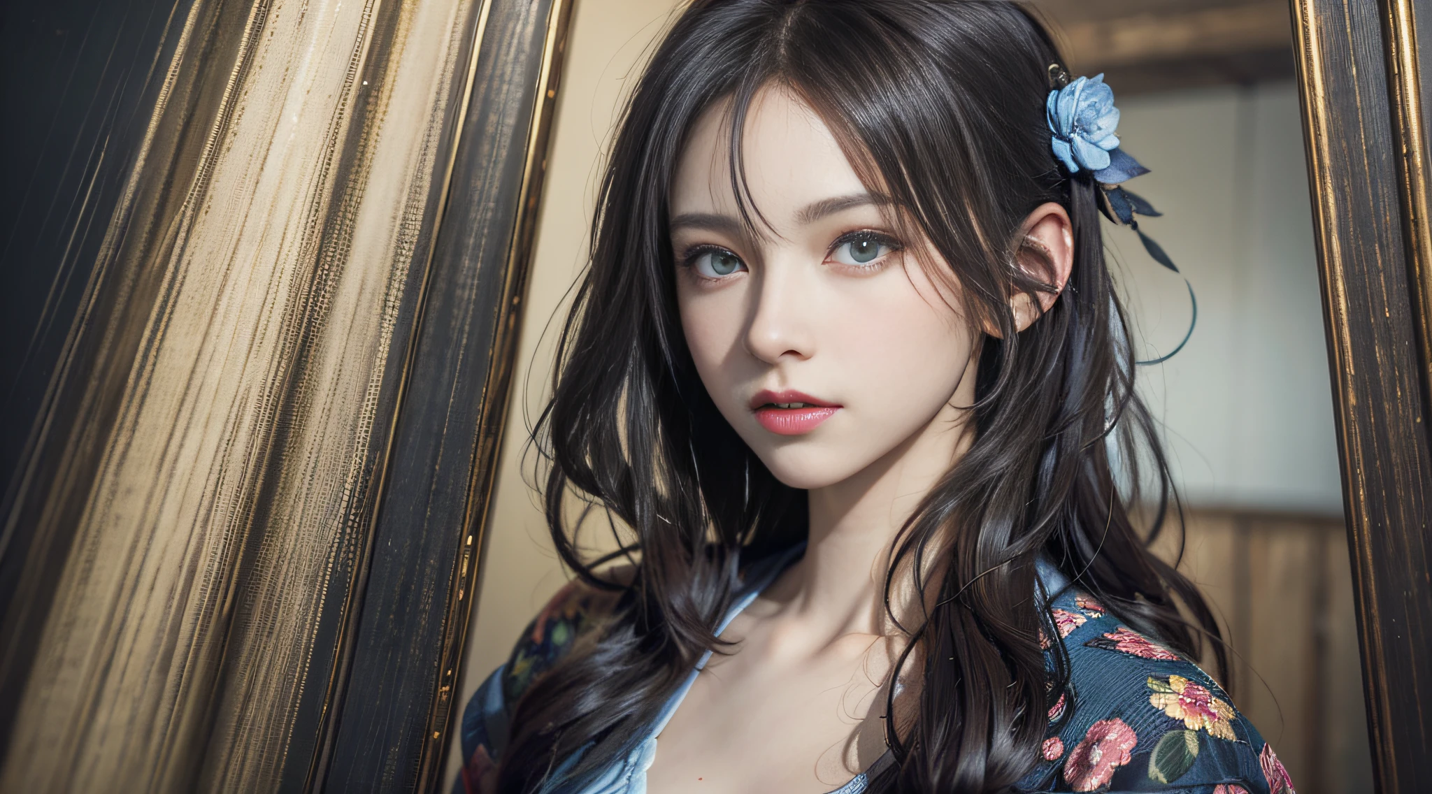 Tatara kogasa, masterpiece, best quality, official art, extremely detailed CG unity 8k wallpaper, 1girl, ((right :1.0) red eyes:1.0), ((left :1.0) blue eyes:1.0), solo, heterochromia, Reginald Marsh, Art Brenner, Frans van Mieris the Younger