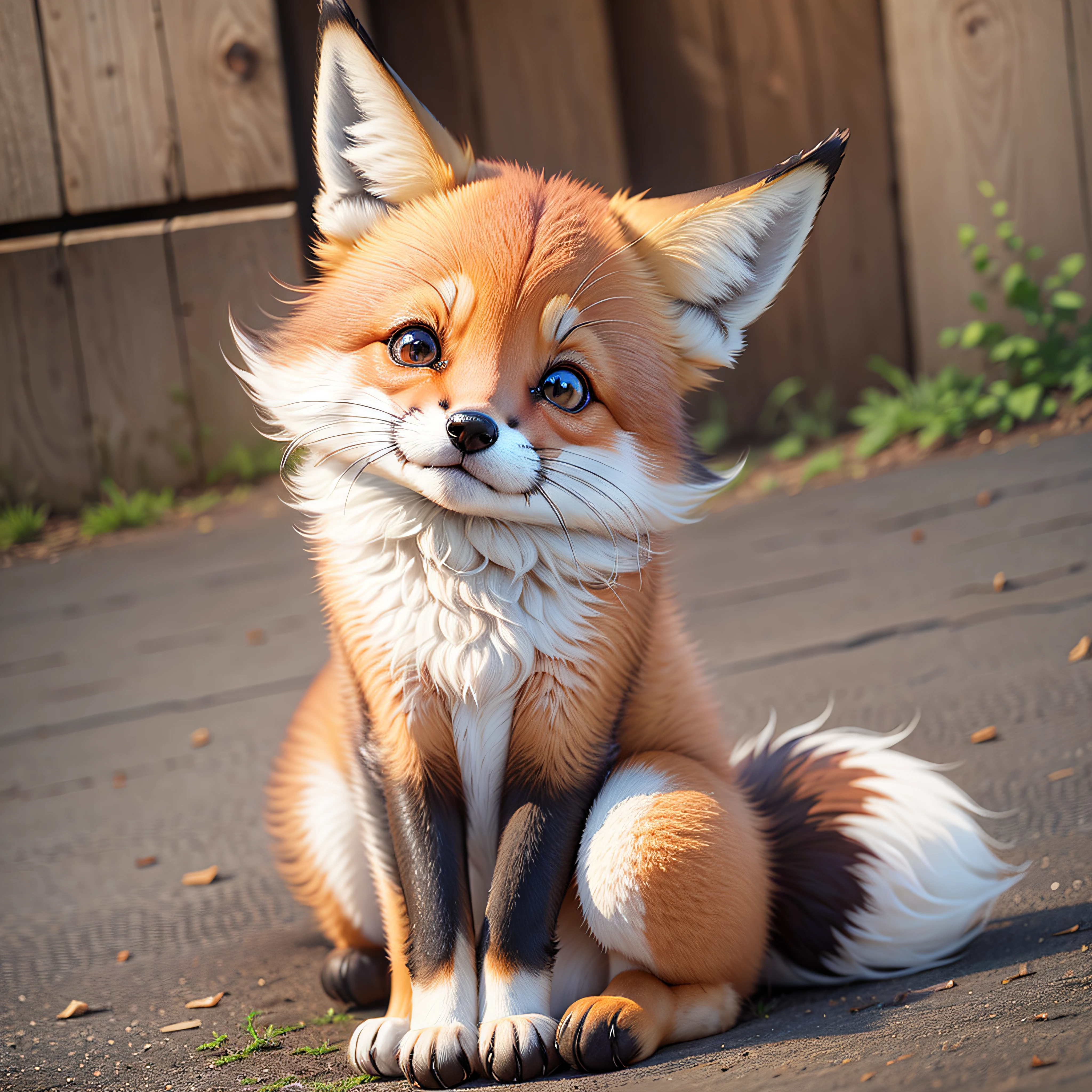 one happy cute baby  fox, Portrait, at street, background space, toon, Pixar Style, 3d, Cartoon, Detailed Face, asymmetric, upper-body