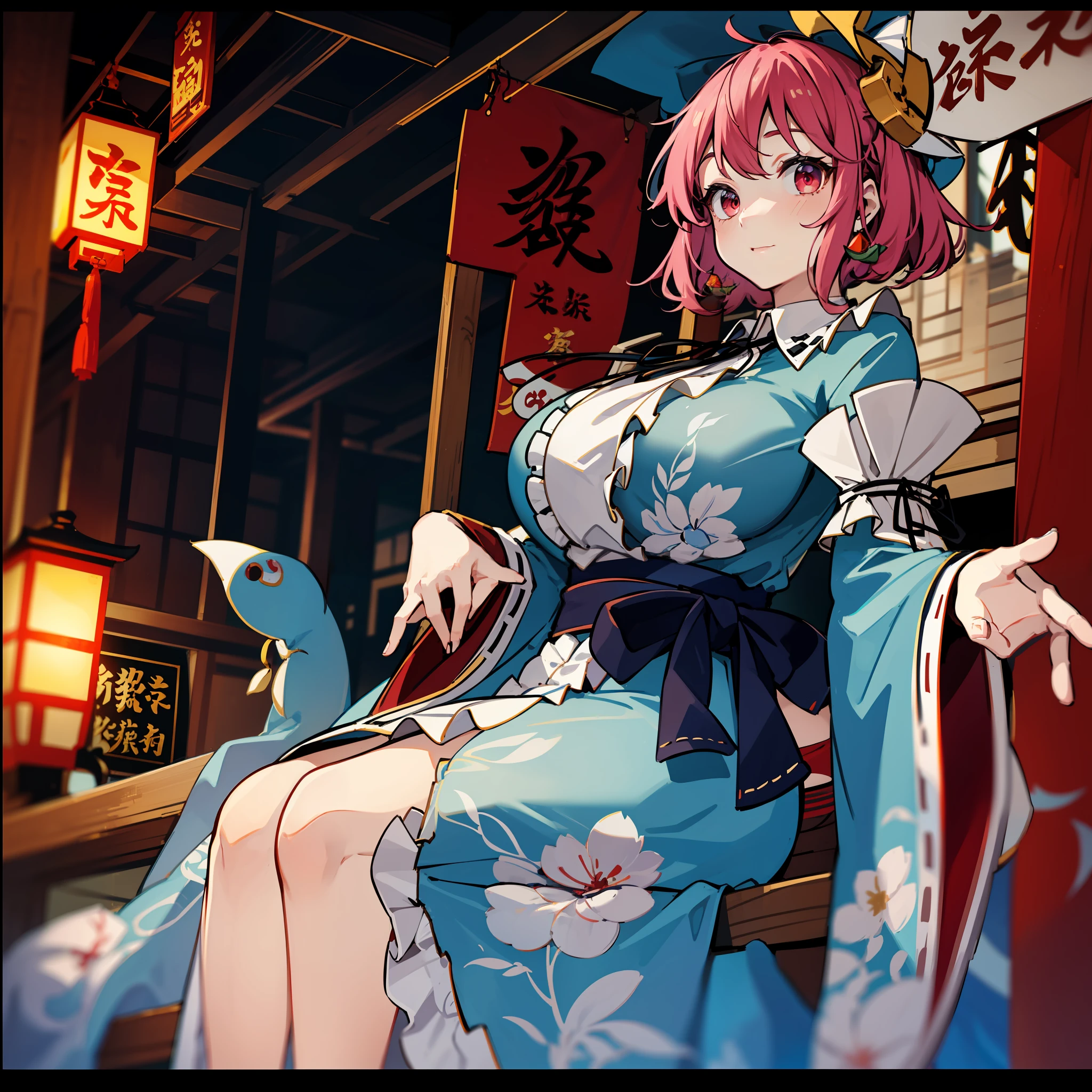 masute piece, Fine detail, 4K, 8K, 12K, Solo, One person, Beautiful Girl, caucasian female, Saigyoji Yu of the Touhou Project々child、Gigantic chest、(shorth hair)、chinese clothes, Chinese dress, Chinatown