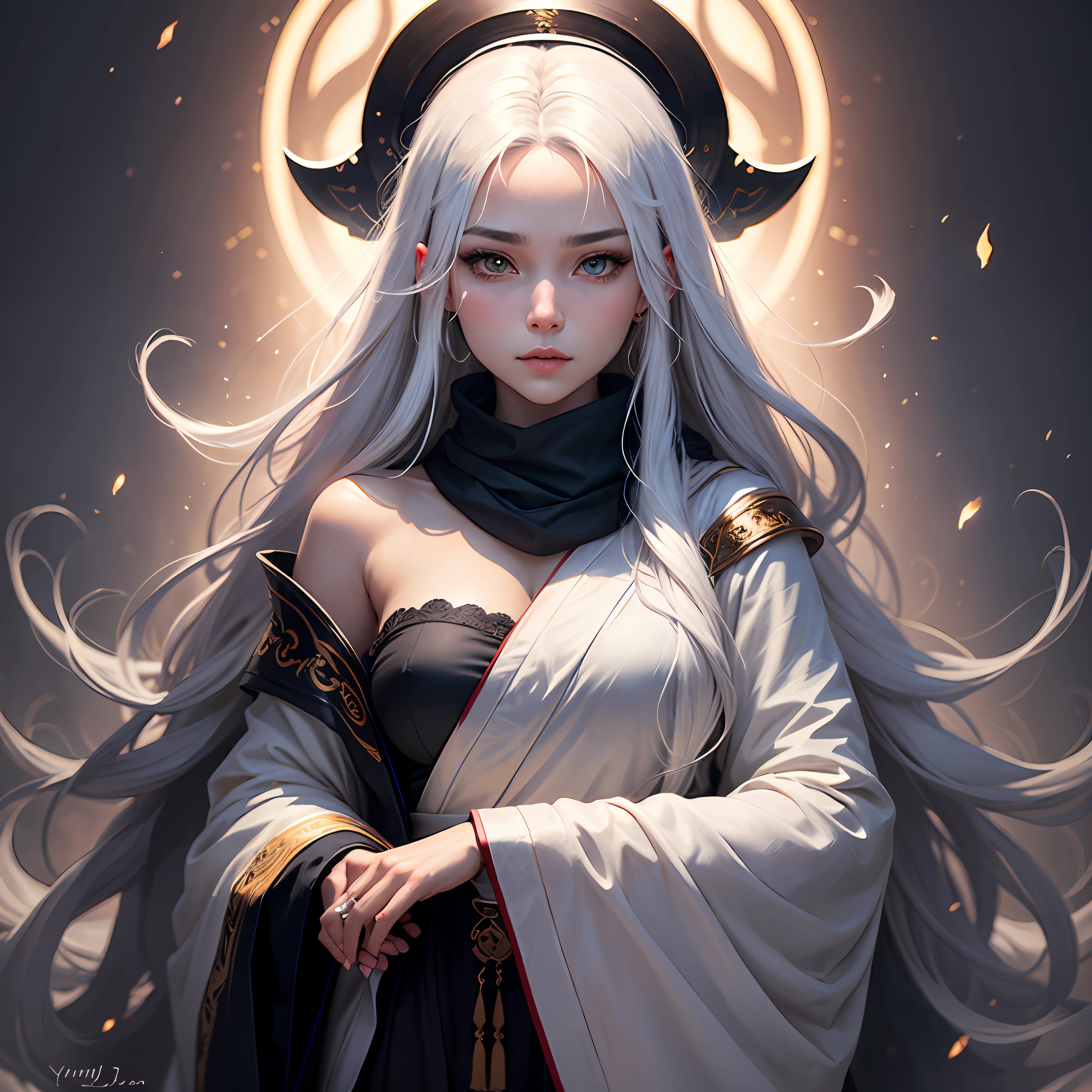 a close up of a woman with a white hair and a black scarf, a character portrait by Yang J, pixiv contest winner, fantasy art, white haired deity, beautiful character painting, artwork in the style of guweiz, the piercing stare of yuki onna, guweiz, with white long hair, with long white hair, flowing hair and long robes --auto