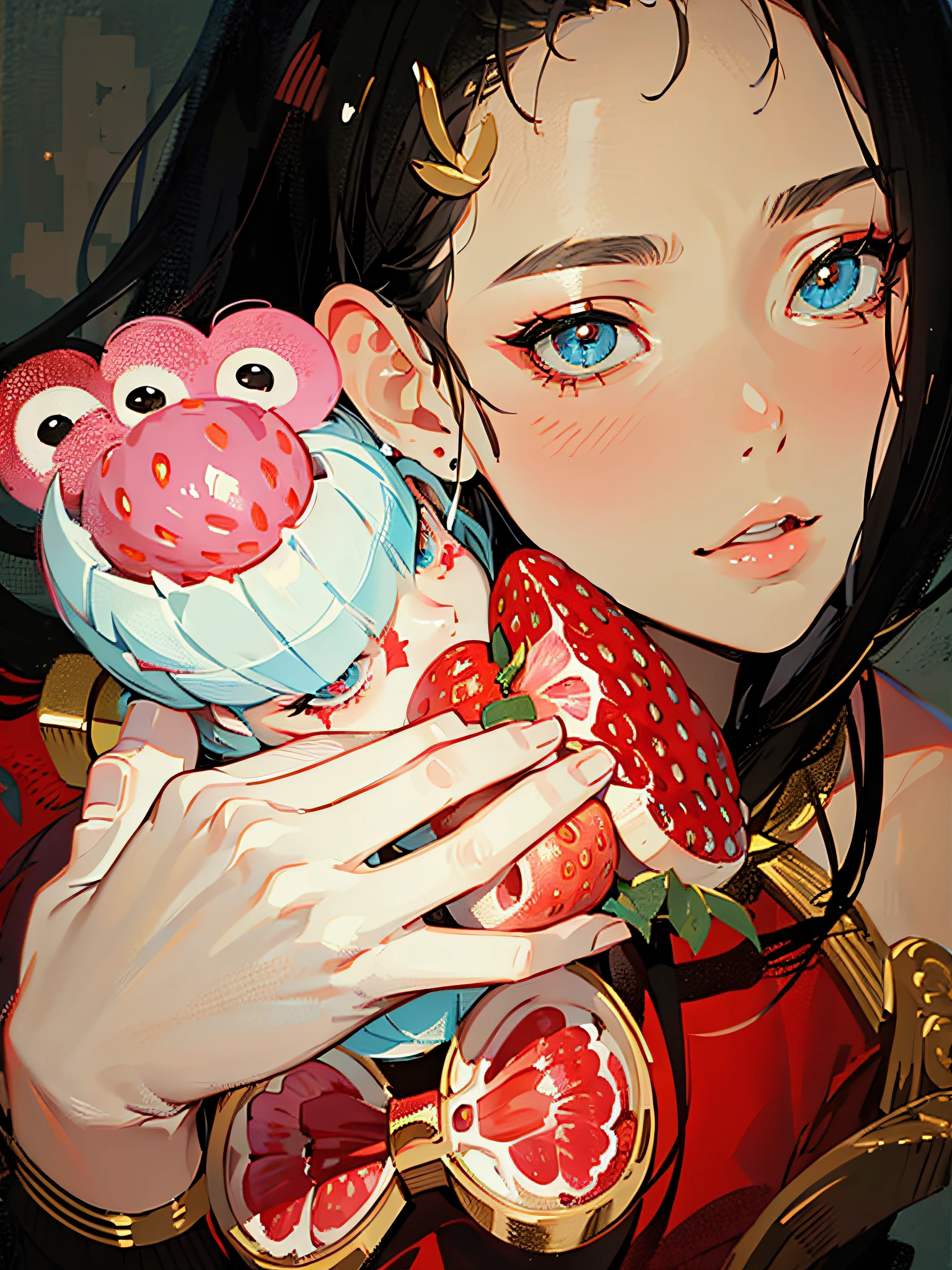 a masterpiece of，white backgroung，Stuffed animals，Superb image quality，a color，high-resolution illustrations，A girl with，smil，Watercolor effect，Intricate details stand out（makeups：0.5），Beautiful and delicate face and eyes，Perfect face proportions，highdetailskin，Stylish hairstyle（the hair：1.3），Picture scene，Fine painting，Accompanied by strawberry bears，with great detail