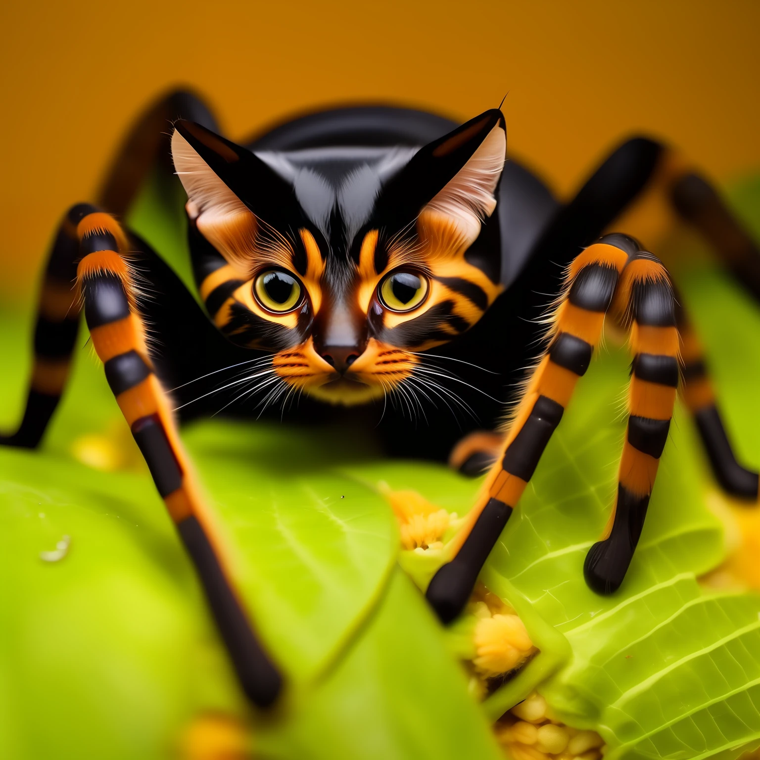 a realistic macro picture of a cat spider with a menacing face