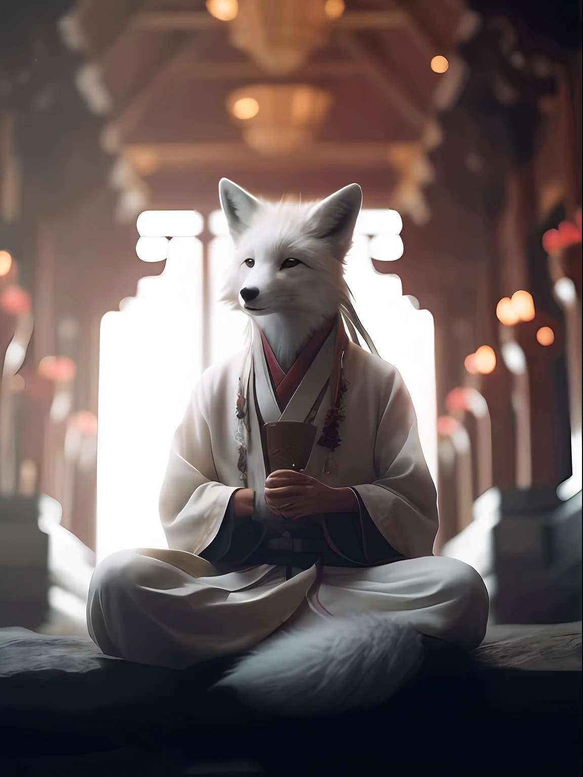 araffe dressed in a kimono standing on a rock in front of a mountain, White-haired fox, White fox, a beautiful fox lady, Kitsune, still from a fantasy movie, kitsune inspired armor, kitsune three - tailed fox, ethereal fox, kitsune holding torch, anthropomorphic fox, white fox anime, wearing a long flowing robe