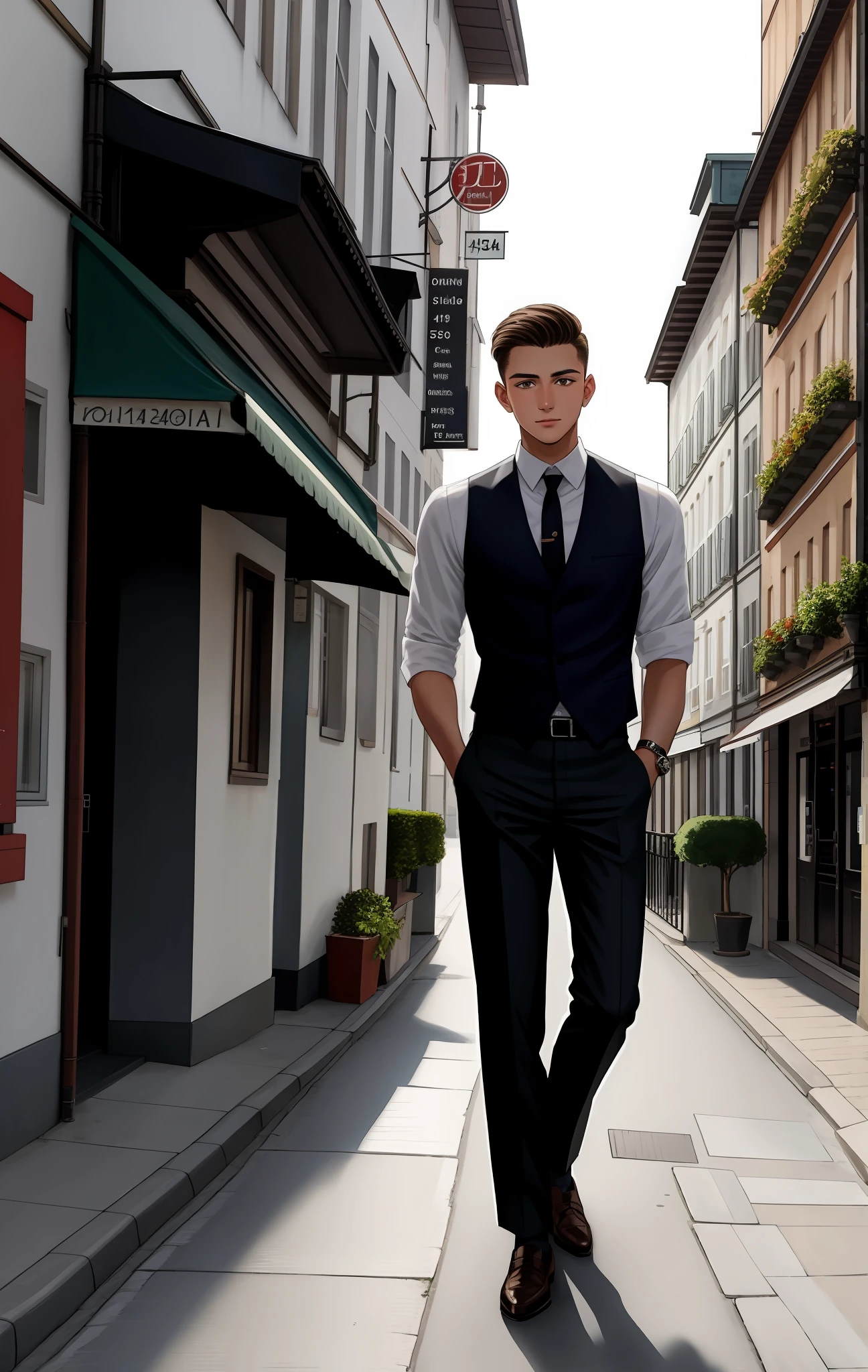 young man, 25 anos, wearing a dress vest and dress shirt with rolled-up sleeves, wearing slacks, 1940s, caminhando por uma rua movimentada na Alemanha
