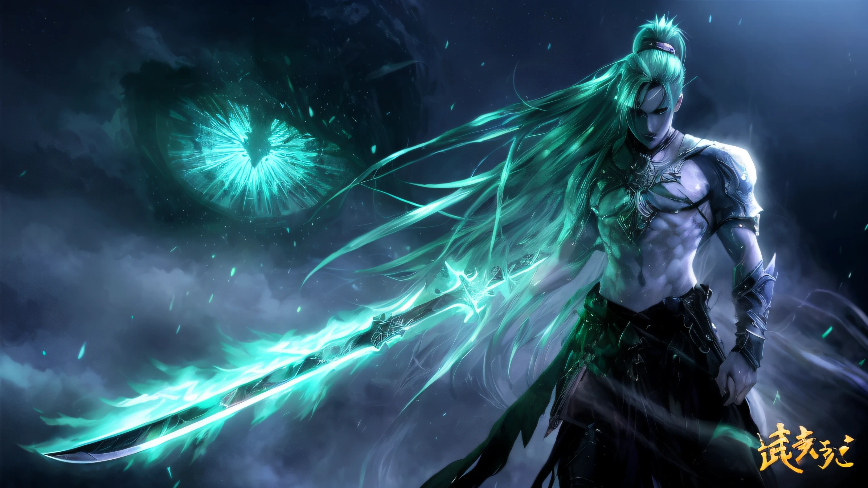 anime wallpapers of a male with a sword and a green hair, epic fantasy digital art, anime epic artwork, epic fantasy digital art style, glowing green soul blade, fantasy epic digital art, epic fantasy artwork, epic fantasy art style hd, 2. 5 d cgi anime fantasy artwork, epic fantasy art, dramatic fantasy art, dramatic concept art, epic fantasy character art