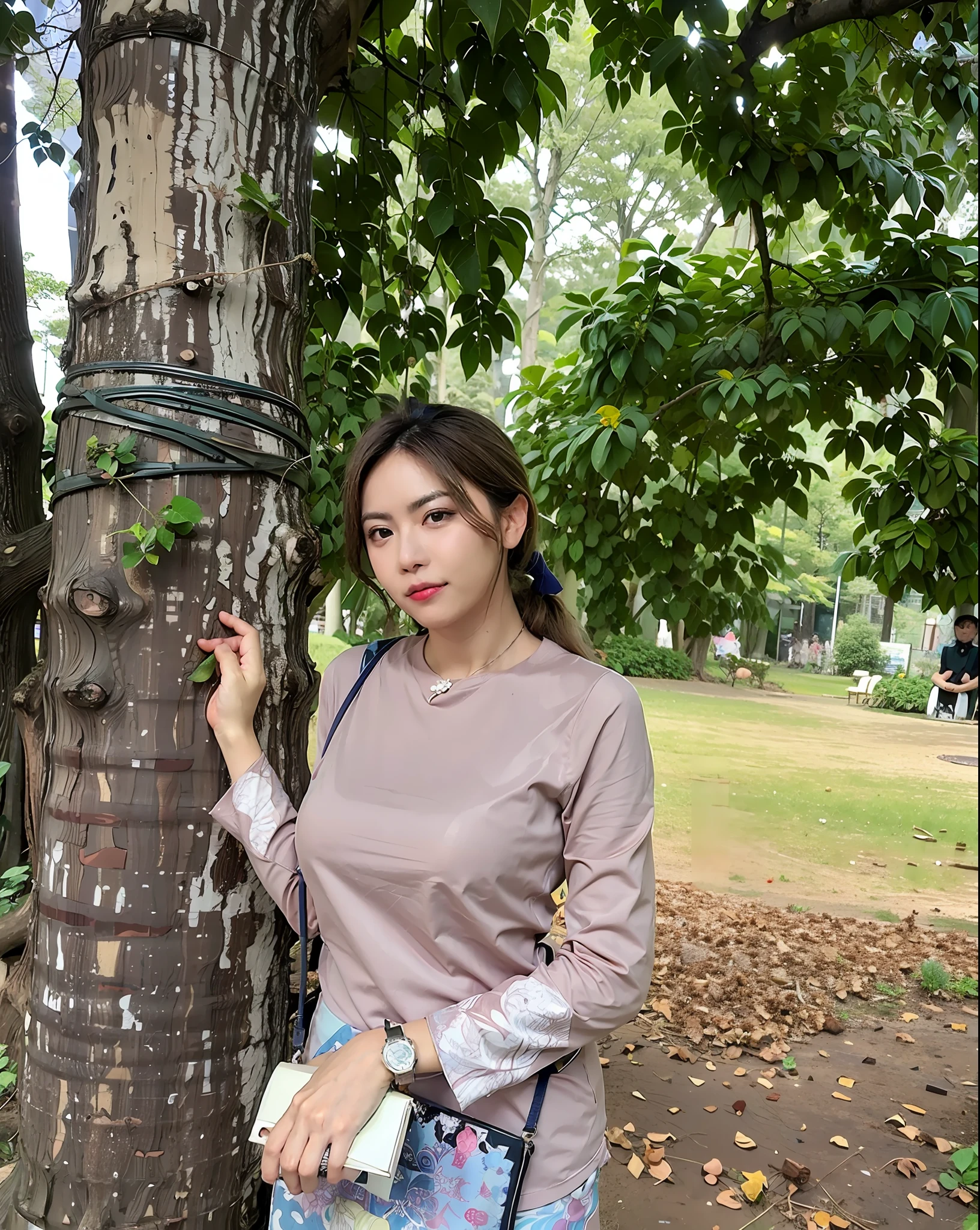 araffe woman standing next to a tree in a park, with a tree in the background, with a tall tree, next to a tree, with trees, in front of a forest background, kuntilanak on tree, in a tree, malaysian, with beautiful exotic, in a park, on a tree, with a figure in the background