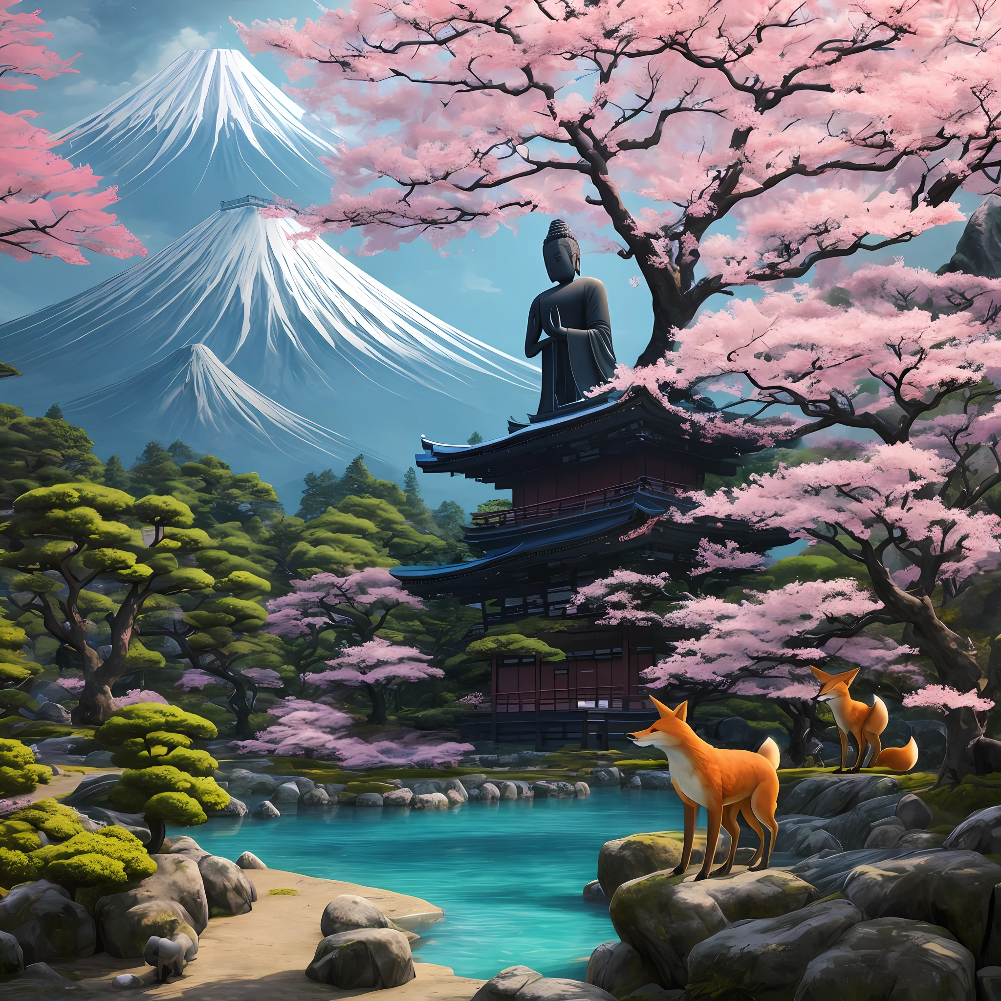 Japan Buddha statue, japan, big foxes, cherry trees , Fuji mountain, dramatic theme, realistic photography, masterpiece, high detail image, high definition, high quality, 8k resolution, clean sky, octane Rander, fantasy art style, unreal engine