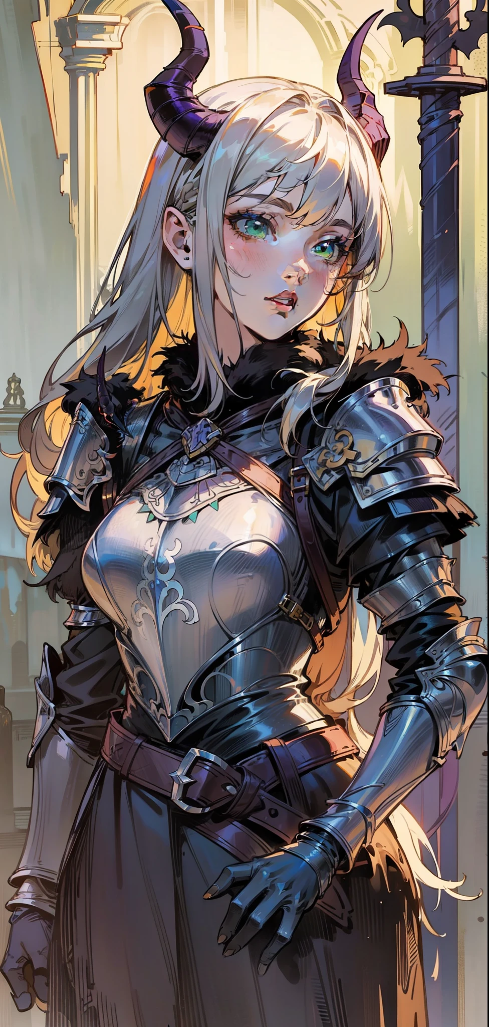 Best quality, masterpiece, ultra high res, (photorealistic:1.4), raw photo, 1girl, offshoulder, in the dark, deep shadow, low key, cold light, green eyes, ((horns)), very long hair, bangs, leather fantasy clothes, demon, big bust, cute face, full body, medieval , (((full body))), silver details, medieval clothes, detailed face, boots, (((magic sword))), shield, belt, bracelets, (((shoulder armor))), elegant, (((furr))), (((crow))), braided hair, silver ornaments, (((perfect face))), blonde hair, masterpiece