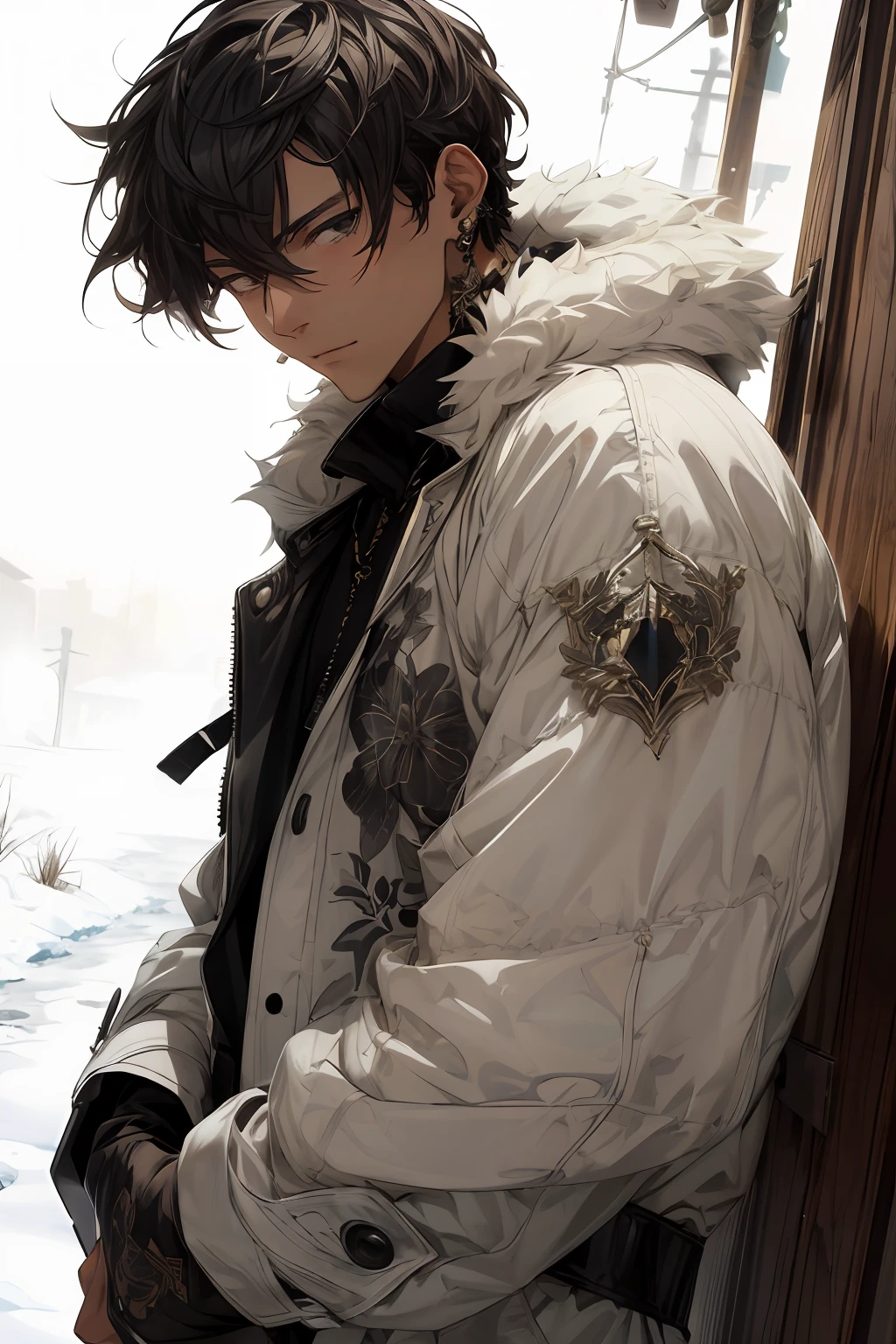 realisticlying,(a masterpiece of,top Quority,Best Quority,offcial art,),abundantly detailed,Most detailed,,(1boys:1.3),Kamimei,black color hair,mistic,,Handsome man,((Nomadic style)),grass field,Shepherd,Fur coat,trinkets,耳Nipple Ring,Background in desolate snow