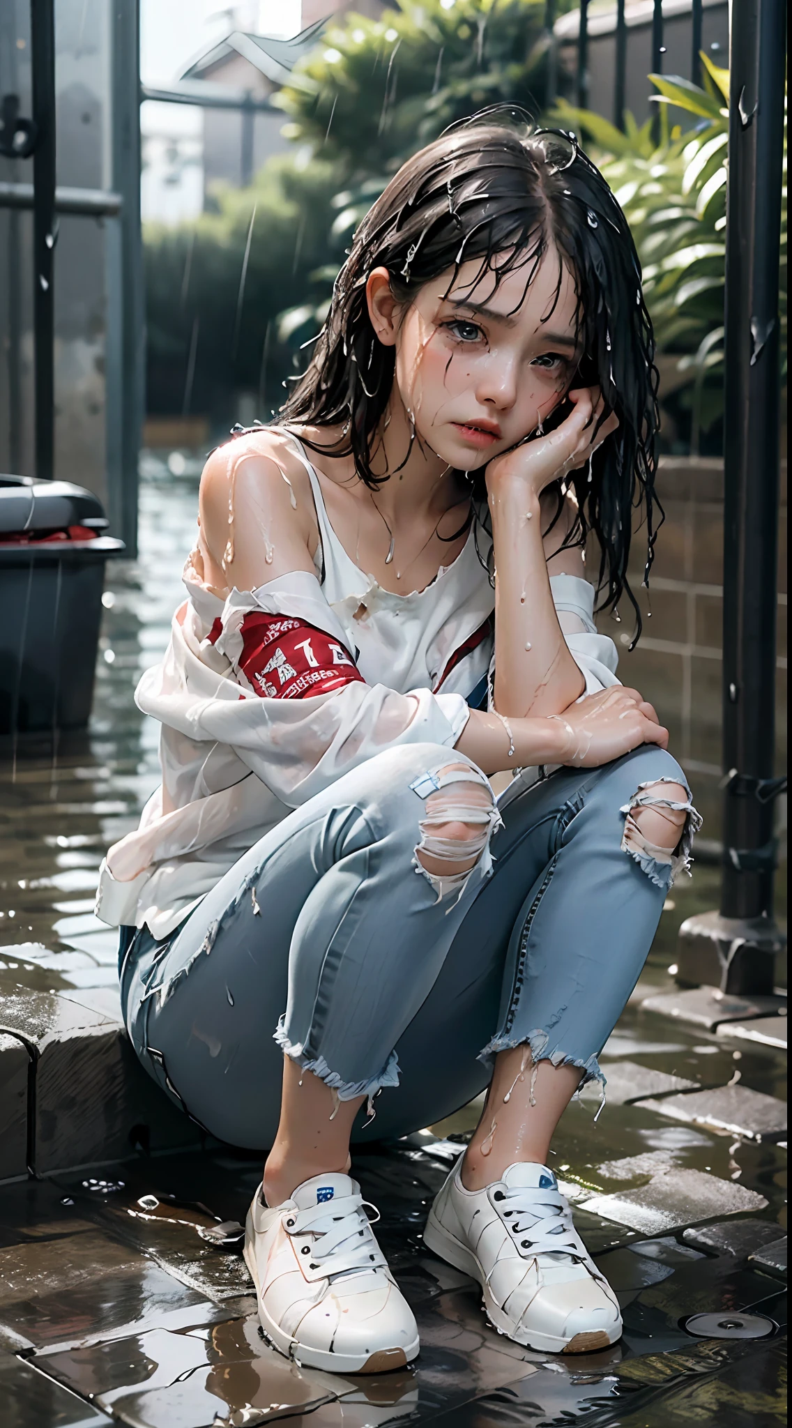 best image quality, masterpiece, super high resolution, (fidelity:1.4), photo, 1 girl, white shirt, torn jeans, white sneakers, dim, darkness, despair, pity, poor, movie, tears, teardrops, (torn clothes:1.5), (wet clothes:1.4), bare shoulders, real rain, wet hair,..