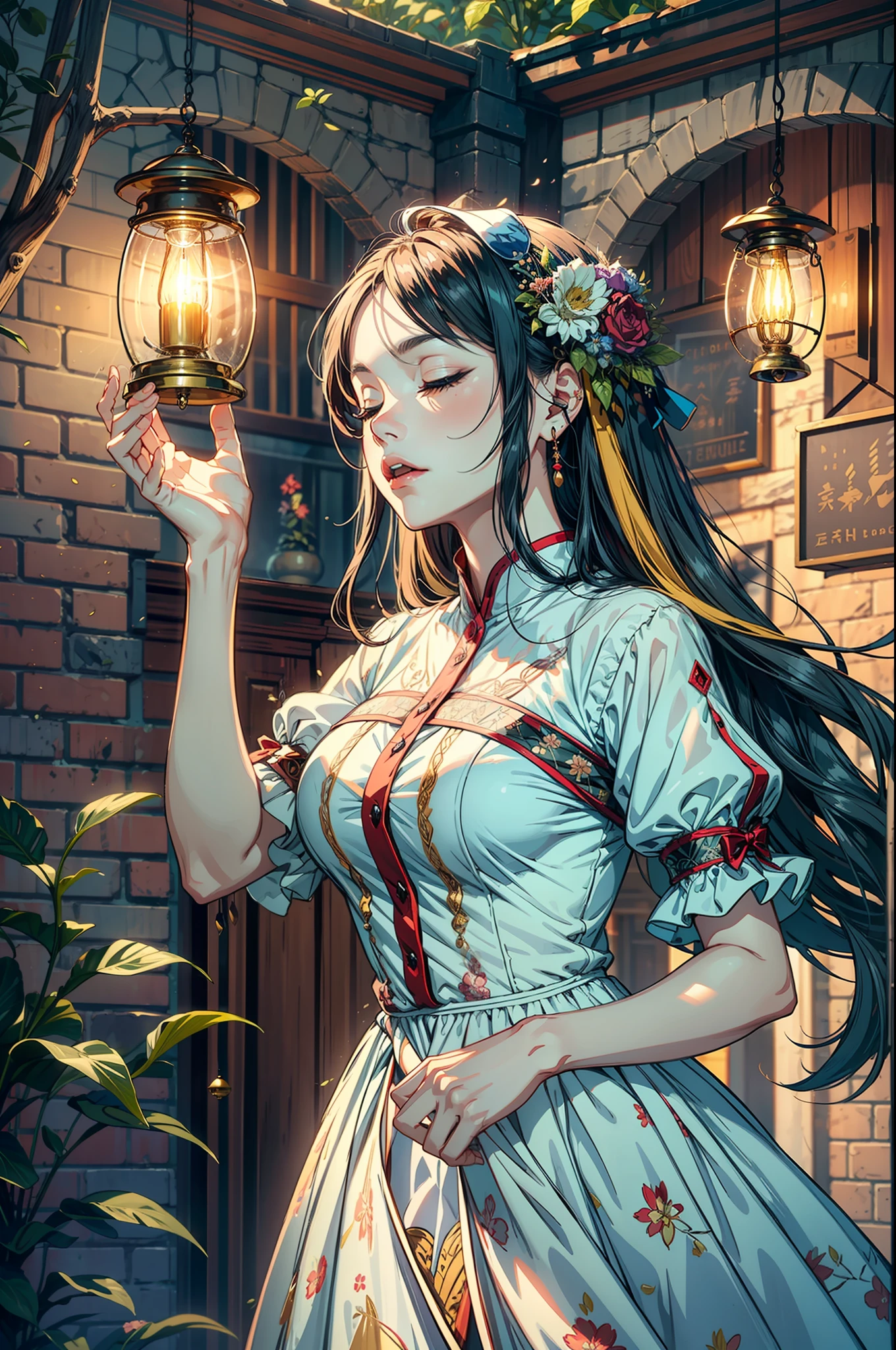 In a quaint garden, a (mature woman:1.3) admired a delicate wind chime swaying in the gentle breeze. Its tinkling melody echoed through the air, enchanting her senses. Mesmerized by the chime's harmonious dance, woman's heart soared with every musical note. As she closed her eyes, she could almost feel the whispers of the wind carrying her dreams and aspirations. In that moment, the wind chime became a symbol of hope and inspiration, reminding the woman to embrace life's melodies and find joy in the simplest of moments, two tone lighting, dynamic lighting