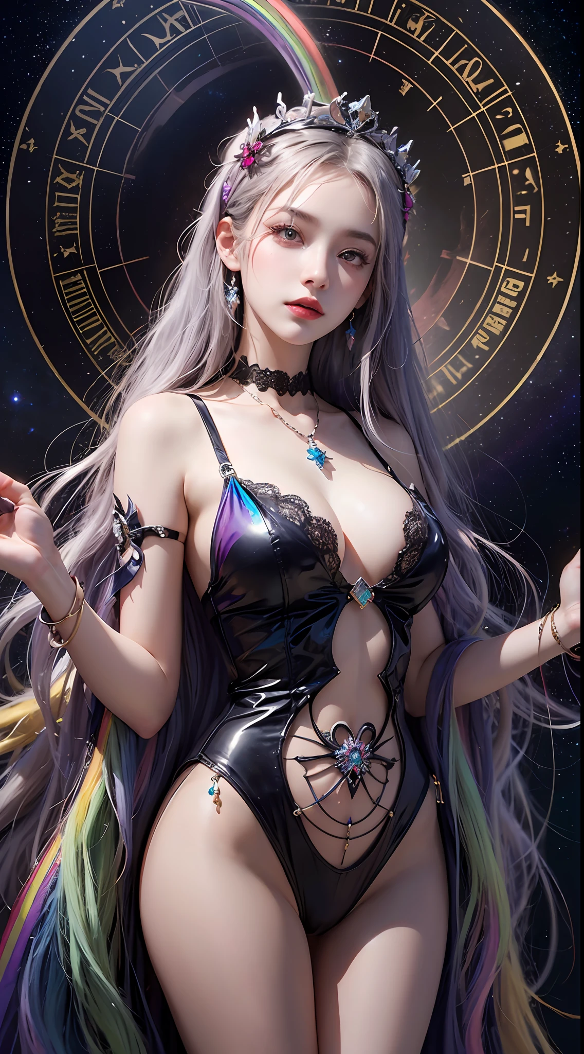 1 27-year-old girl, 1 zodiac goddess from the future, 12 zodiac goddess pink purple, 12 zodiac goddess face  thin yellow nightgown, long thin nightgown 12 zodiac many limbs  black lace detail, mythical goddess of the 12 zodiacs from the future, zodiac ♏, luxurious glittering zodiac style, dark and mysterious version, zodiac crown, lipstick red lips, thin and pretty lips, don't smile, keep your mouth shut, characters created by karol bak and pino daeni, intricate detail, detailed background, extremely detailed, light magic, a woman, clear face, looking at the upper body of the goddess of the zodiac, round , big and round , phoenix hair brooch, long hair with bangs, (Long hair has 7 colors like rainbow:1.9), beautiful detailed face and well-proportioned eyes, (transparent yellow eyes: 1.8), big round eyes and very beautiful and detailed makeup, visionary, long silk nightgown, mysterious makeup, Bracelets, side bangs and dye pale yellow, upper body, (zodiac goddess upper body: 1.8), drooping arms, Realistic and vivid photo, (stars that make up the zodiac: 1.7), ( sky zodiac and fictitious space and time portal: 1.8), fiction art, RAW photo, hanfu photo, best photo , high_res, best quality, best photo, 8k quality, 8k ultra , surrealism, the most economical real photo, artistic portrait of 12 zodiac signs, 1 symbol of 12 zodiac signs behind, single portrait of 12 zodiac goddess, The most realistic color scheme, best photo color, masterpiece, hair ornament, necklace, jewelry, Beautiful face, upper body, tyndall effect, photo realistic, dark studio, border light, two tone light, (detailed skin) high: 1.2), 8k uhd, dslr, soft light, high quality, volumetric light, candid, Photo, high resolution, 4k quality, 8k, Bokeh, Smooth and sharp, pixel up 10 times, Charming zodiac goddess,  zodiac goddess, (background space: 1.8), (galaxy: 1.7), aurora, lightning, (Aurora Background: 1.8) <lora:locon_perfecteyes_v1_from_v1_, beautiful goddess and flowers,