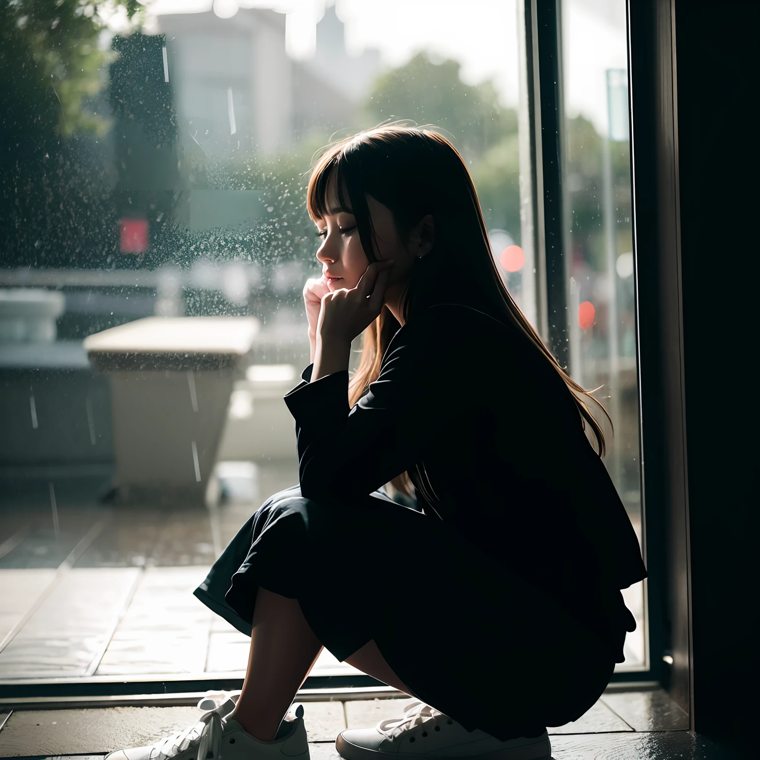 Best Picture Quality, a masterpiece of, superhighresolution, (fidelity:1.4), The photograph, 1 gal girl,dresscantabile,White sneakers, dimly lit, darkly, be desperate, pitying, pitiful, films, tears, tear drop,,nigth, Real rain, Wet hair,.
