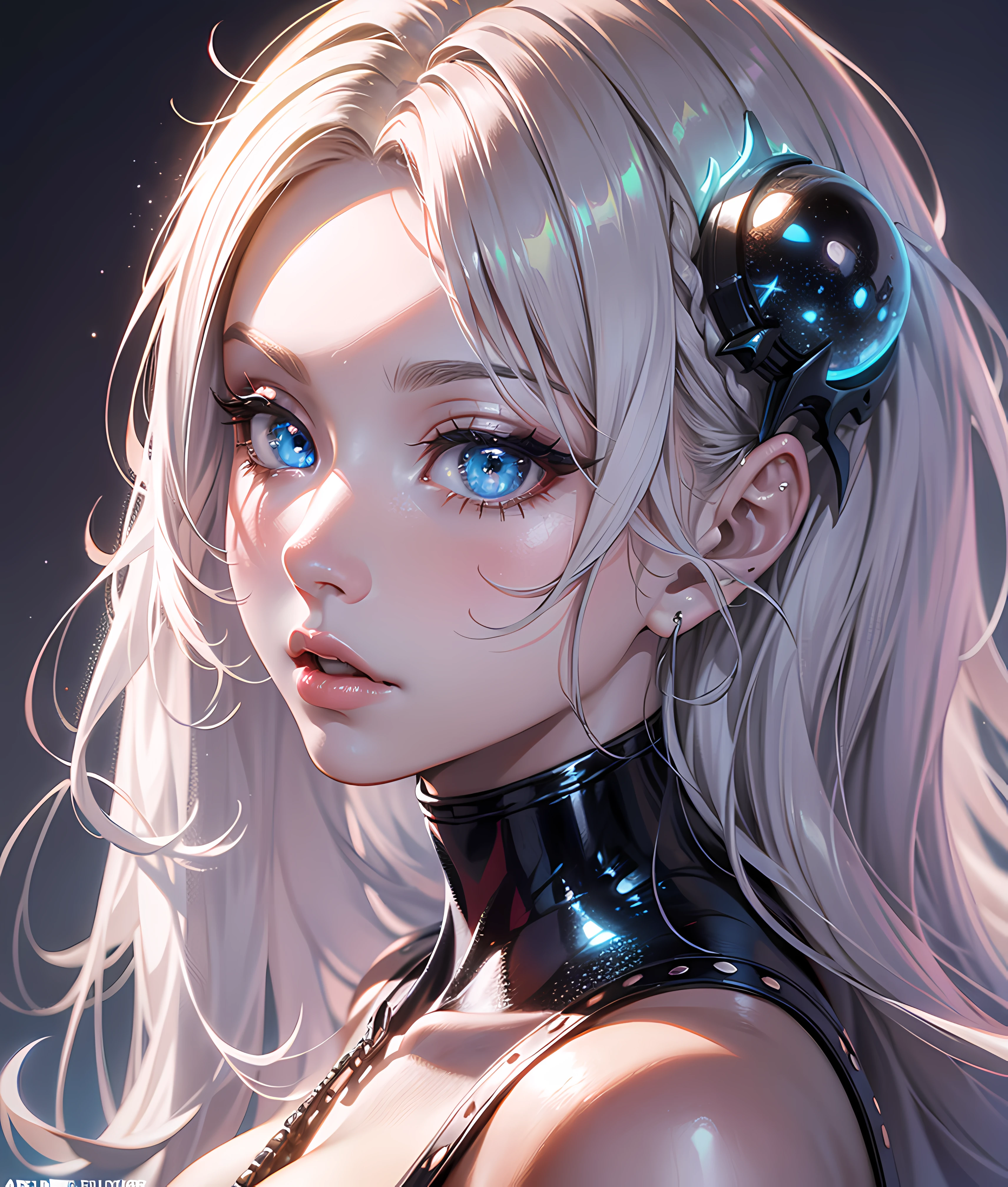 masterpiece, best quality,ultra HD, 12k, detailed anatomy, (shiny skin), ((oiled skin)), fair skin, dramatic lighting, high contrast, huge breasts, small waist, wide hips, bubble butt (hyper detailed thin oval shaped face), small pointy nose, full pouty lips, looking at viewer +Idol ((solo)) female focus, stable diffusion, ethereal stunningly beautiful alien idol, celebrity, long platinum blonde hair (pastel multicolored, braided streaks) sharp blue ethereal pastel eyes, corset, intricate details, tetradic pastel colors, trending on artstation, soft pastel background color, Cinematic, Color Grading