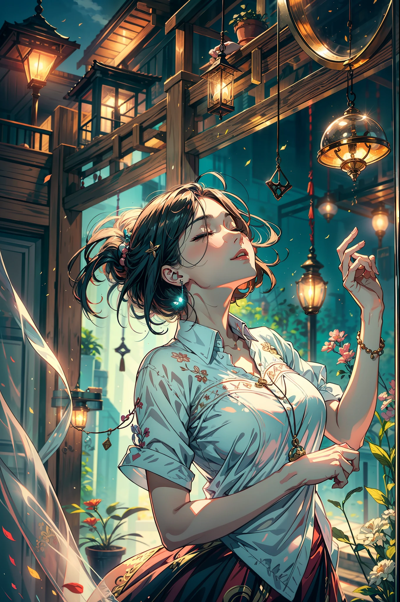 In a quaint garden, a (mature woman:1.3) admired a delicate wind chime swaying in the gentle breeze. Its tinkling melody echoed through the air, enchanting her senses. Mesmerized by the chime's harmonious dance, woman's heart soared with every musical note. As she closed her eyes, she could almost feel the whispers of the wind carrying her dreams and aspirations. In that moment, the wind chime became a symbol of hope and inspiration, reminding the woman to embrace life's melodies and find joy in the simplest of moments, two tone lighting, dynamic lighting