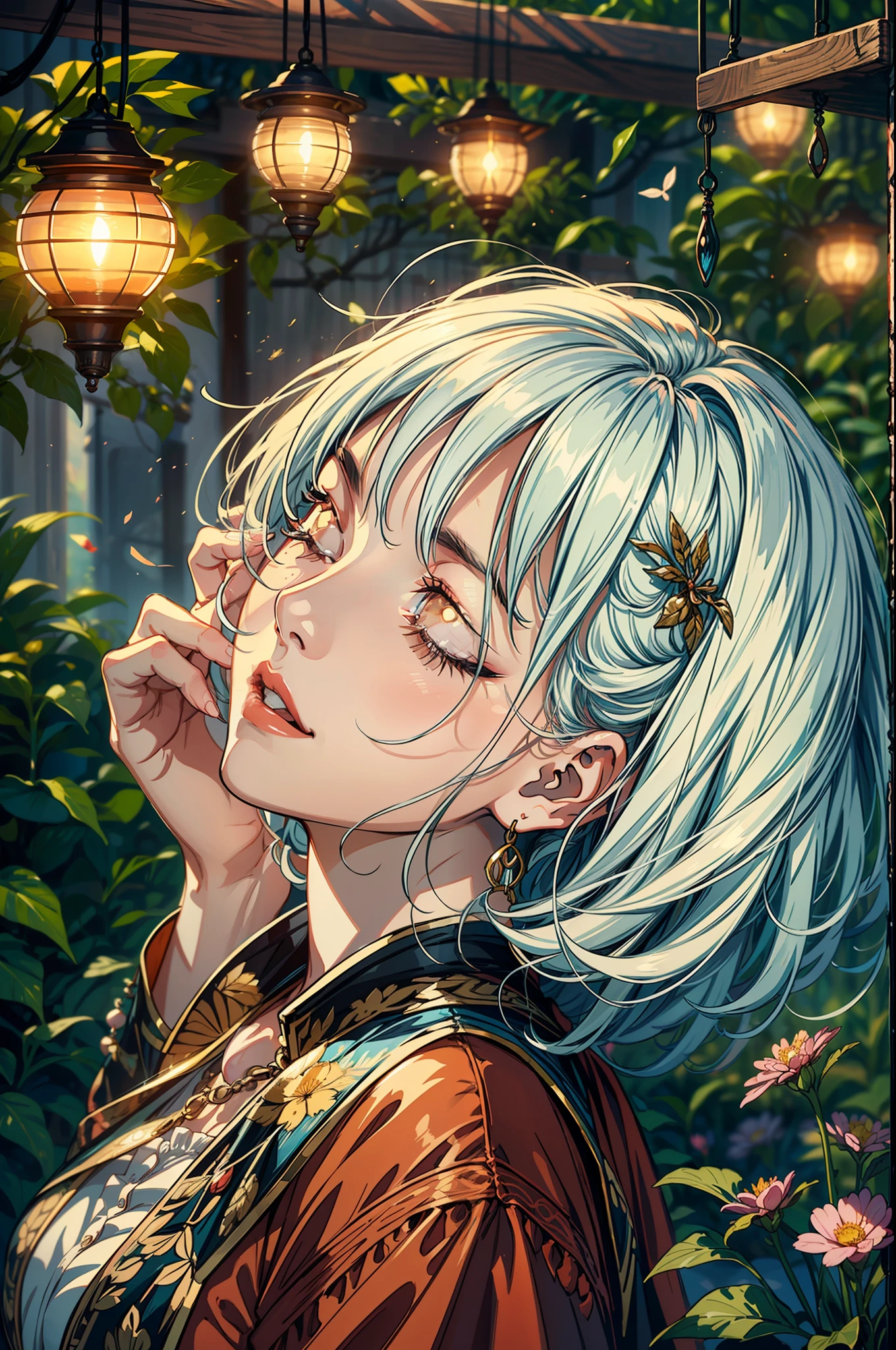 (AS-Adult:1.3), In a quaint garden, a (mature woman:1.3) admired a delicate wind chime swaying in the gentle breeze. Its tinkling melody echoed through the air, enchanting her senses. Mesmerized by the chime's harmonious dance, woman's heart soared with every musical note. As she closed her eyes, she could almost feel the whispers of the wind carrying her dreams and aspirations. In that moment, the wind chime became a symbol of hope and inspiration, reminding the woman to embrace life's melodies and find joy in the simplest of moments, two tone lighting, dynamic lighting