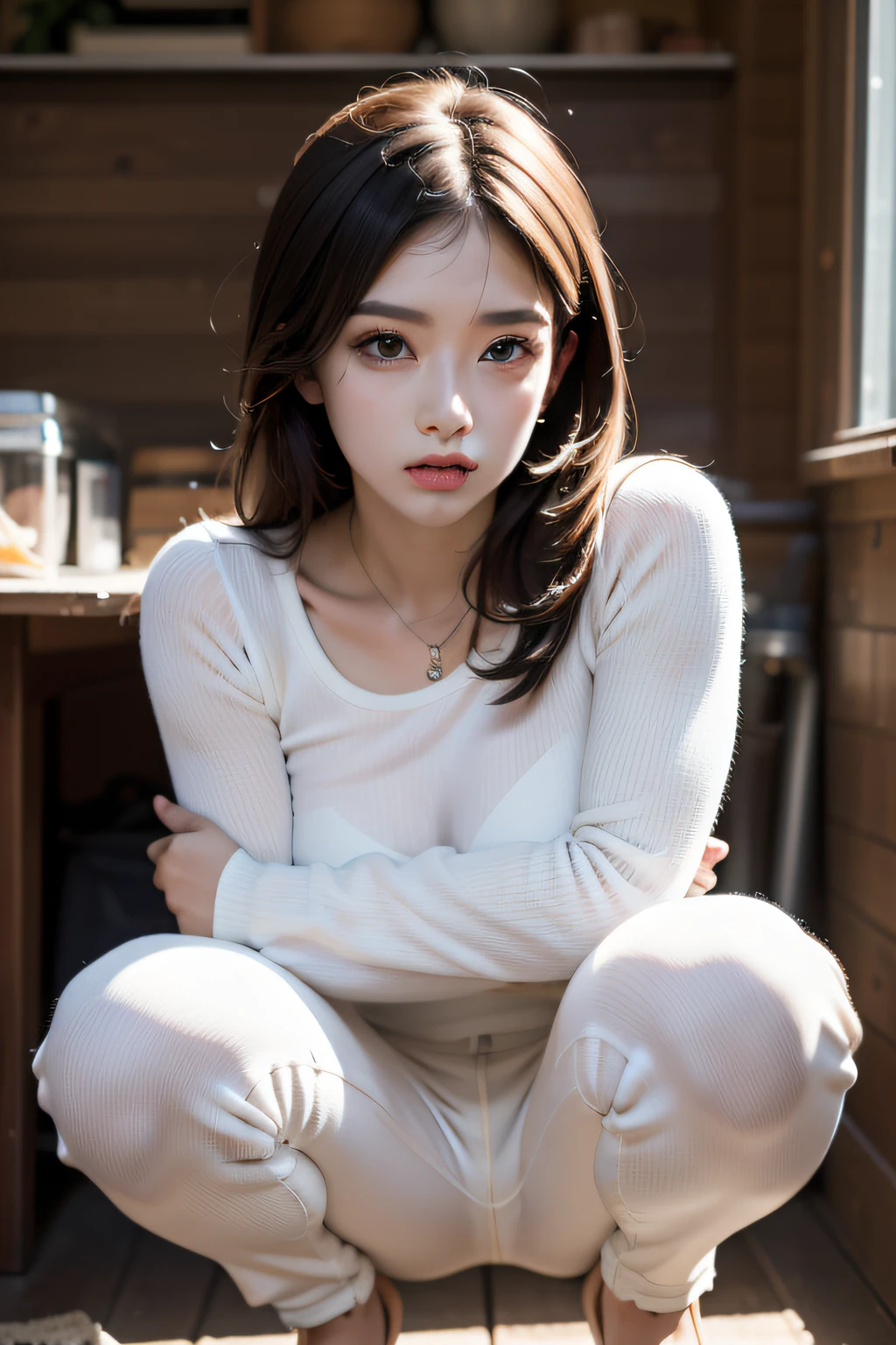 ((Squatting))、Inter-strands、Skinny Jeans、((Open legs))、Crouching、a beautiful detailed girl、bending her knees、шедевр、beste-Qualit、Extremely detailled、White jeans、hotpants、pant suit、charming poses