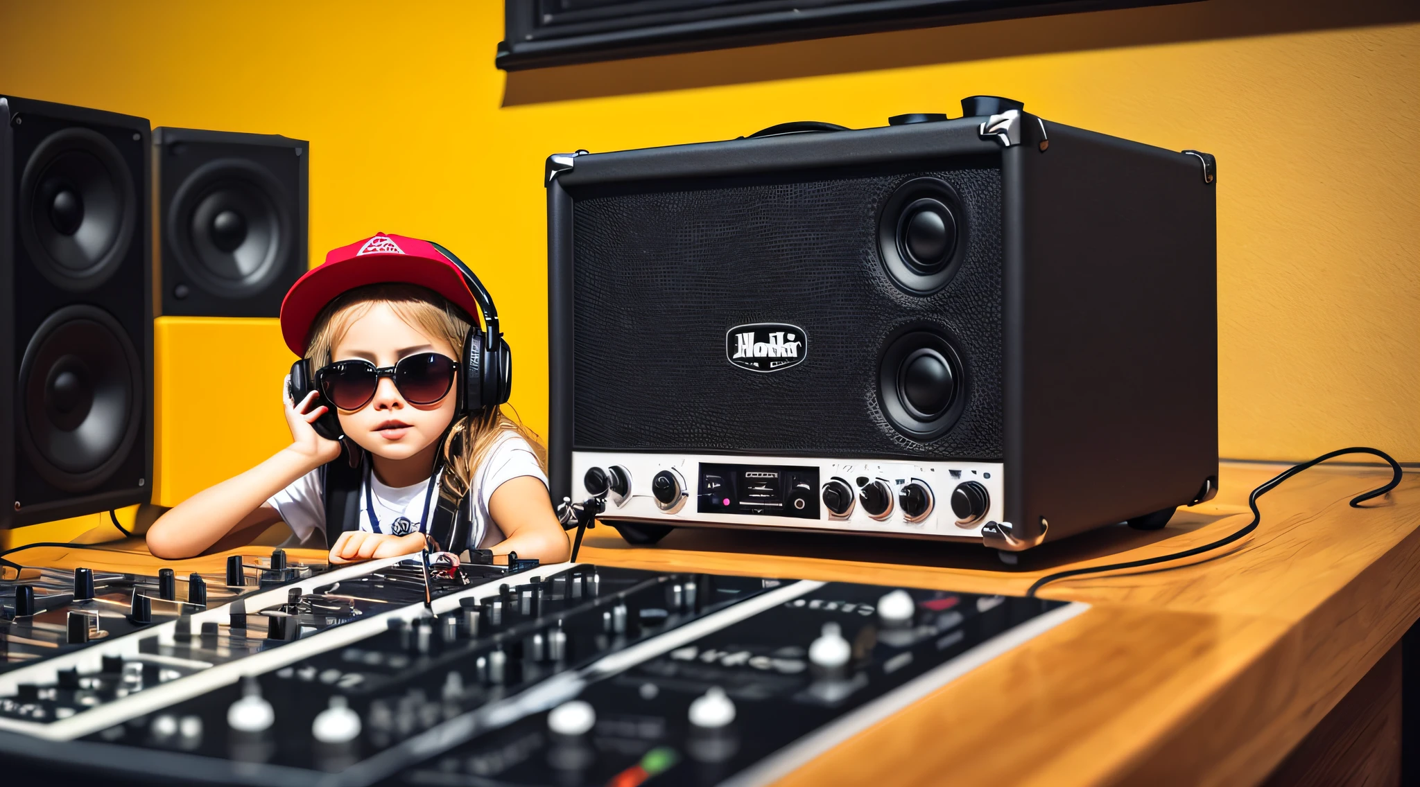 mENINA BLONDE CHILD LONG HAIR WEARING A HAT , Holding a boombox and pointing with your hand, Boombox, The Music Guy, blaster do gueto, em um fundo AMARELO, playing for music, em fundo AMARELO, DJ, imagem de muito baixa qualidade, red sunglasses and a guitar, Grande Gueto Blaster, com fones de ouvido, music is life, new music, vibrating with the music