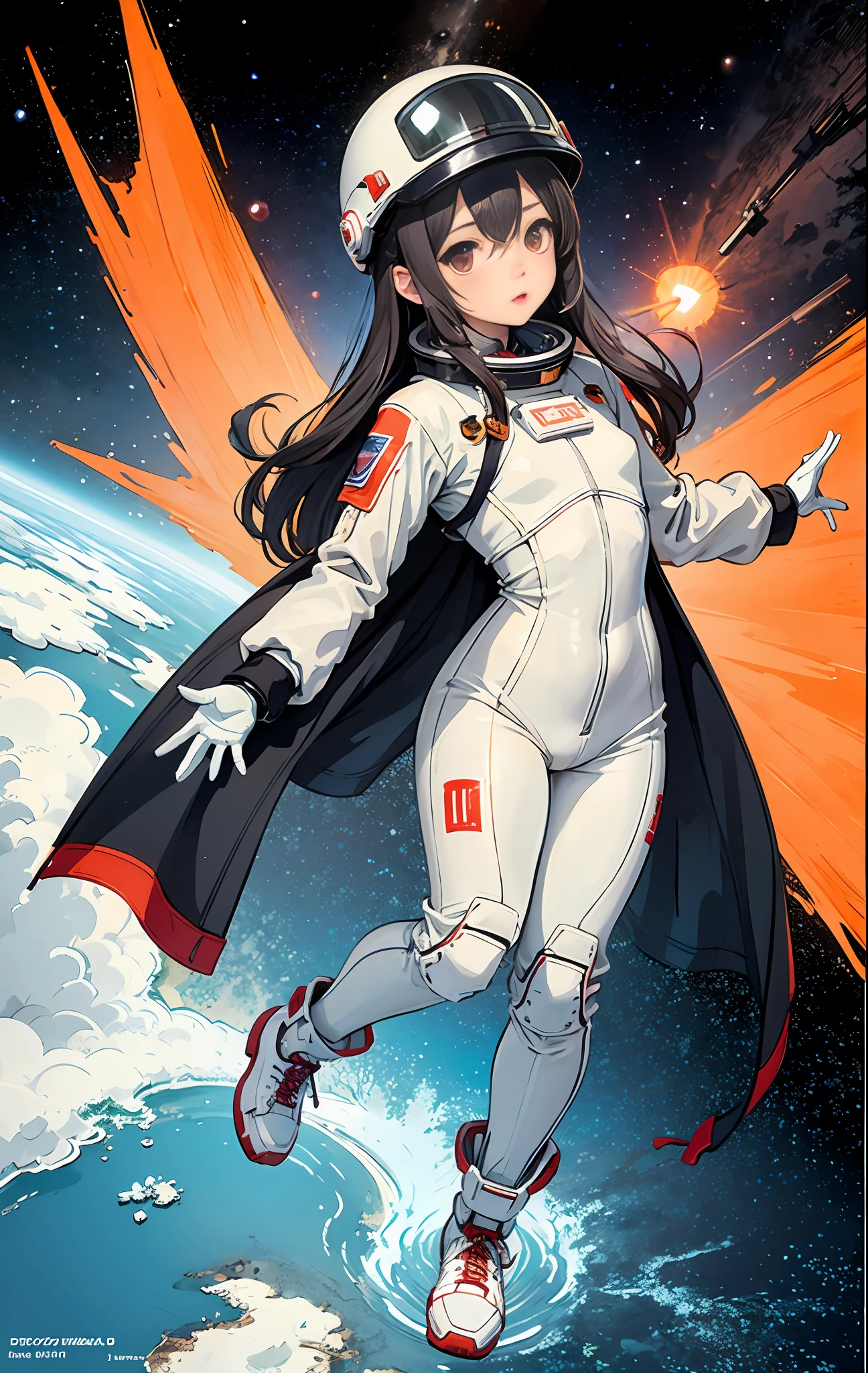 1girl, flat chested, cute, beautiful detailed eyes, shiny hair, visible through the hair, hair between the eyes, CCCPposter, sovietposter, red monochrome, Soviet poster, USSR, communism, black hair, red eyes, vampire ,girl,small breasts,spacesuit:Orange_clothing_body:jumpsuit ), white_gloves, white_space shoes, white_helmet, CCCP scarlet letters on the top of the helmet, weightlessness, Side light, reflection, the person in the spacesuit is at the bottom left of the picture, right hand outstretched, right hand Gently touch the Salyut space station), the space station in the upper right corner of the screen, the reflected light of the sun, silver metal, red flag, brilliance, Soviet style, diffuse reflection, metal texture, blue earth in the distance, mech style, star sea, high-profile, majestic