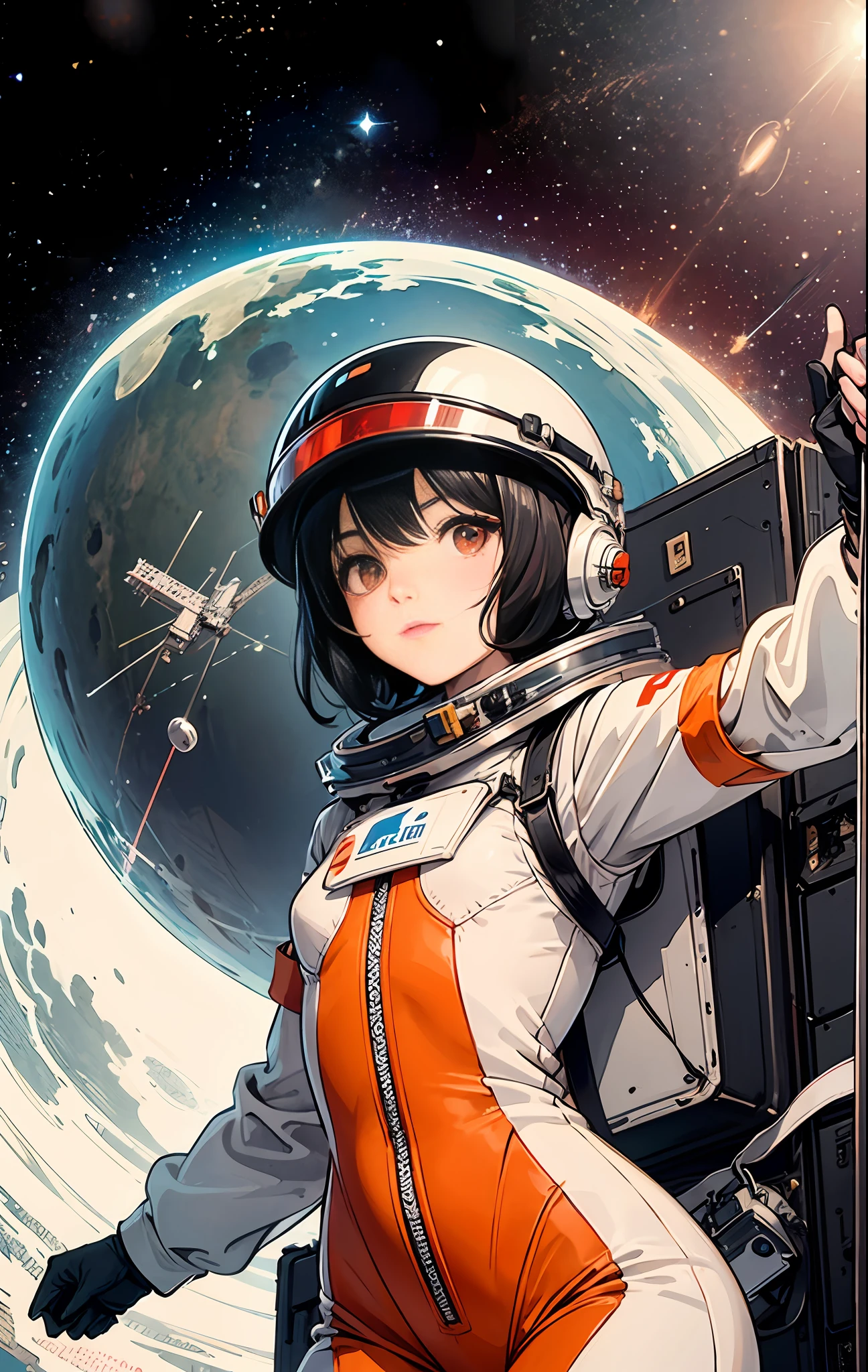 1girl, flat chested, cute, beautiful detailed eyes, shiny hair, visible through the hair, hair between the eyes, CCCPposter, sovietposter, red monochrome, Soviet poster, USSR, communism, black hair, red eyes, vampire ,girl,small breasts,spacesuit:Orange_clothing_body:jumpsuit ), white_gloves, white_space shoes, white_helmet, CCCP scarlet letters on the top of the helmet, weightlessness, Side light, reflection, the person in the spacesuit is at the bottom left of the picture, right hand outstretched, right hand Gently touch the Salyut space station), the space station in the upper right corner of the screen, the reflected light of the sun, silver metal, red flag, brilliance, Soviet style, diffuse reflection, metal texture, blue earth in the distance, mech style, star sea, high-profile, majestic