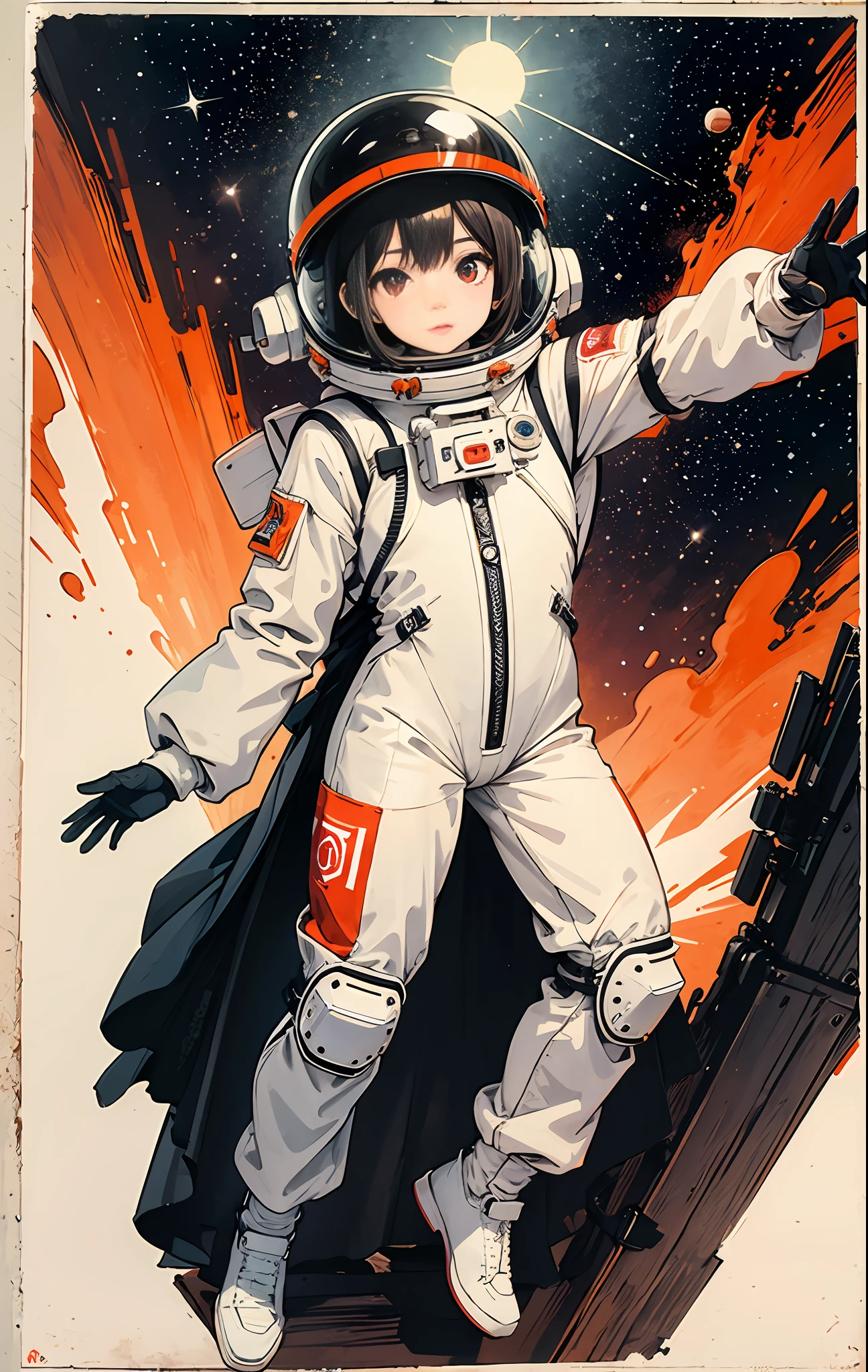 1girl, flat chested, cute, beautiful detailed eyes, shiny hair, visible through the hair, hair between the eyes, CCCPposter, sovietposter, red monochrome, Soviet poster, USSR, communism, black hair, red eyes, vampire ,girl,small breasts,spacesuit:Orange_clothing_body:jumpsuit ), white_gloves, white_space shoes, white_helmet, CCCP scarlet letters on the top of the helmet, weightlessness, Side light, reflection, the person in the spacesuit is at the bottom left of the picture, right hand outstretched, right hand Gently touch the Salyut space station), the space station in the upper right corner of the screen, the reflected light of the sun, silver metal, red flag, brilliance, Soviet style, diffuse reflection, metal texture, blue earth in the distance, mech style, star sea, high-profile, majestic