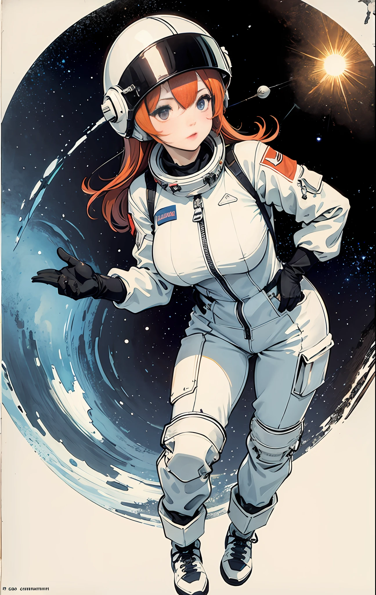 1girl huge large breasts,lovly,beautiful-detailed eyes,shinny hair,visible through the hair,Hair between the eyes,CCCPposter,USSR Poster,red pubic hair,USSR Poster,urss,communism,black har,space suit:Orange_Clothing_Body:jumpsuit ), White_mitts, White_space shoes, White_helmet, CCCP red letter on the top of the helmet, in weightlessness, Side light, Reflection,The right hand gently touches the Salyut space station），Space station in the upper right corner of the screen，The sun reflects light，Silver metal，Red flag，luster，Soviet poster style，diffuse reflection，metalictexture，The vista is the blue earth，starlight sky,high key,Magnificent