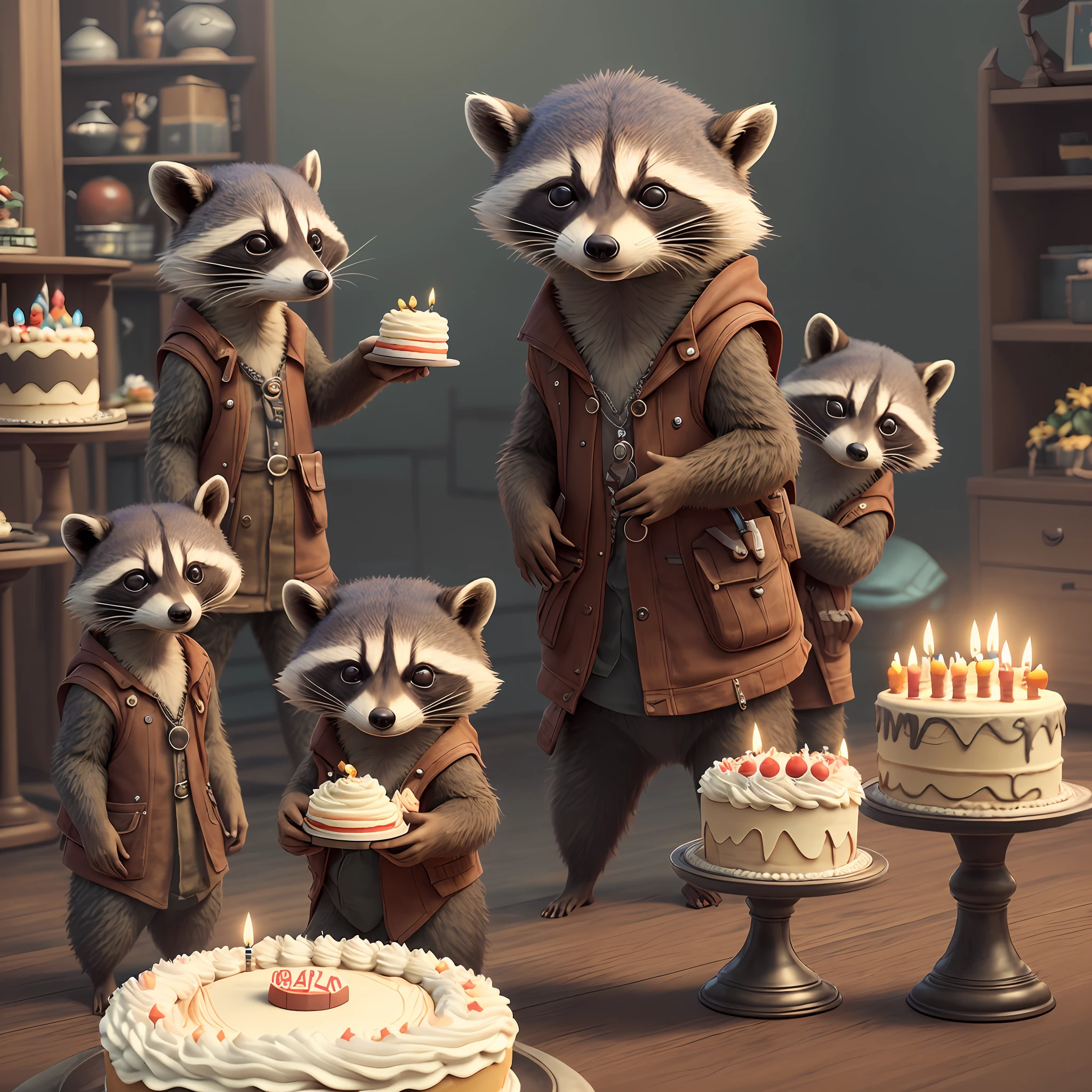 Cute little group of three raccoons, Dressed in elegant dresses , one of them holding white color birthday cake in hand , full body view, zoom out , party background , Unreal engine, cozy indoor lighting, Artstation, high richness of detail, digital painted, Cinematic, Character Design by Mark Ryden, Pixar and Hayao Miyazaki, Unreal 5, daz, hyperrealistic, Octane Render --auto