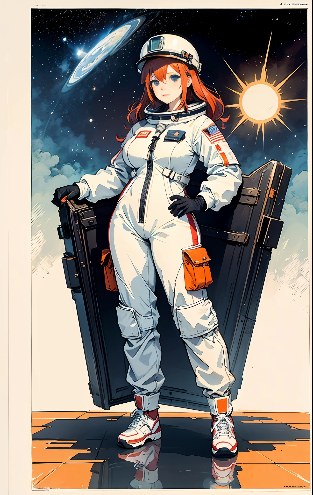 1girl huge large breasts,lovly,beautiful-detailed eyes,shinny hair,visible through the hair,Hair between the eyes,CCCPposter,USSR Poster,red pubic hair,USSR Poster,urss,communism,black har,space suit:Orange_Clothing_Body:jumpsuit ), White_mitts, White_space shoes, White_helmet, CCCP red letter on the top of the helmet, in weightlessness, Side light, Reflection,The right hand gently touches the Salyut space station),Space station in the upper right corner of the screen,The sun reflects light,Silver metal,Red flag,luster,Soviet poster style,diffuse reflection,metalictexture,The vista is the blue earth,starlight sky,high key,Magnificent