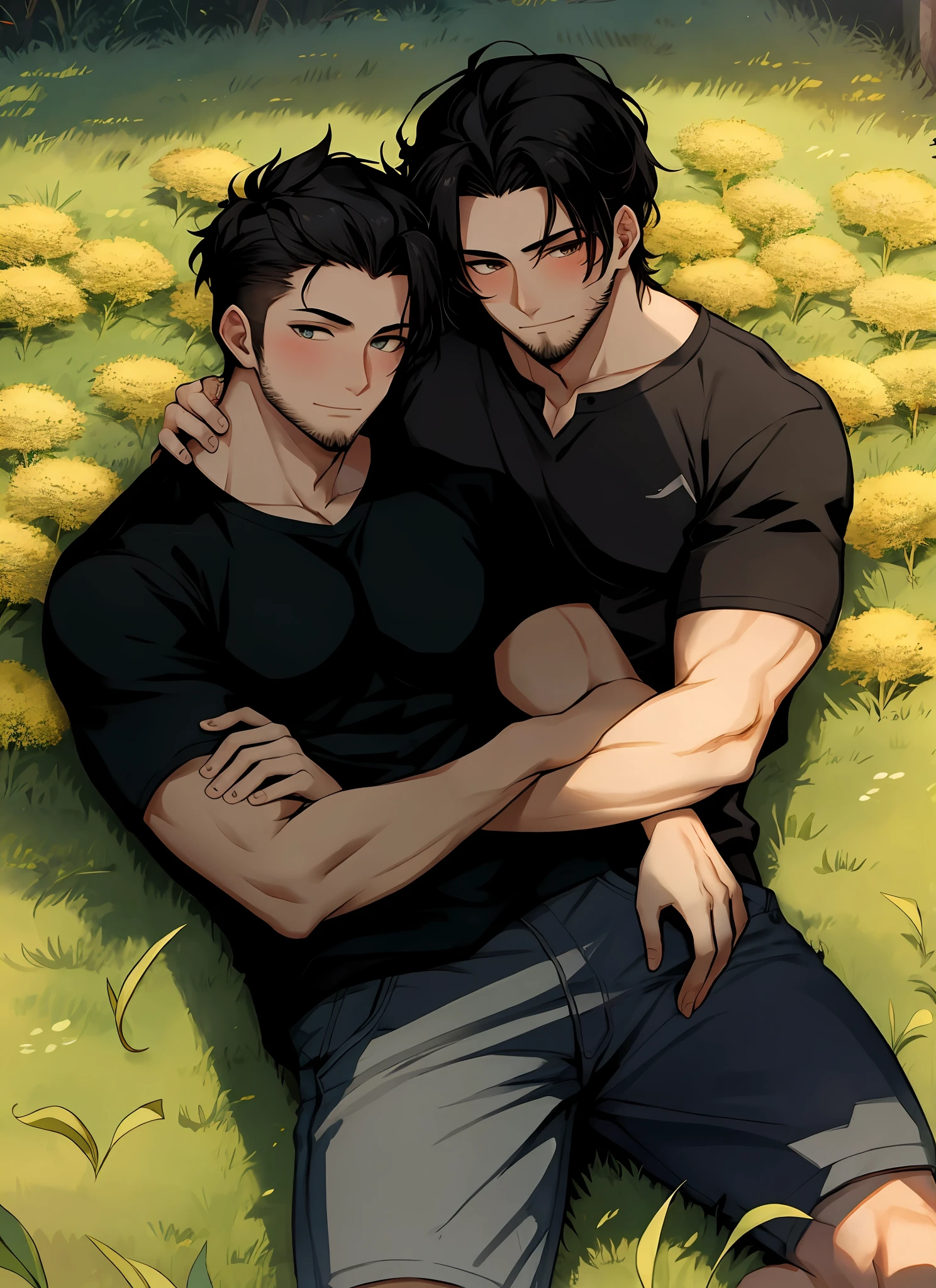 Young man lying down on a field of dandelions. Soft black hair, black pupils, south east asian ethnicity, casual clothes, athletic build, soft smile, faint blush, short black stubble facial hair, casual clothes. Anatomically correct body. Masterpiece. Conjoined Men. Siamese Twins. Two-headed men. 2heads. 2headed. Dicephalic parapagus Anatomy. Body Horror. Correct body anatomy. Readjust arm size to perfect ratio.