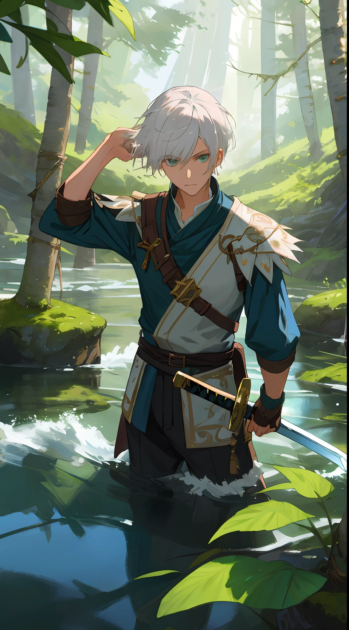 Very short hair, white haired man, wearing fantasy adventurer attire, with sword in his hand, looking at the camera, flowing water, forest background, water element, highly detailed artwork, masterpiece artwork