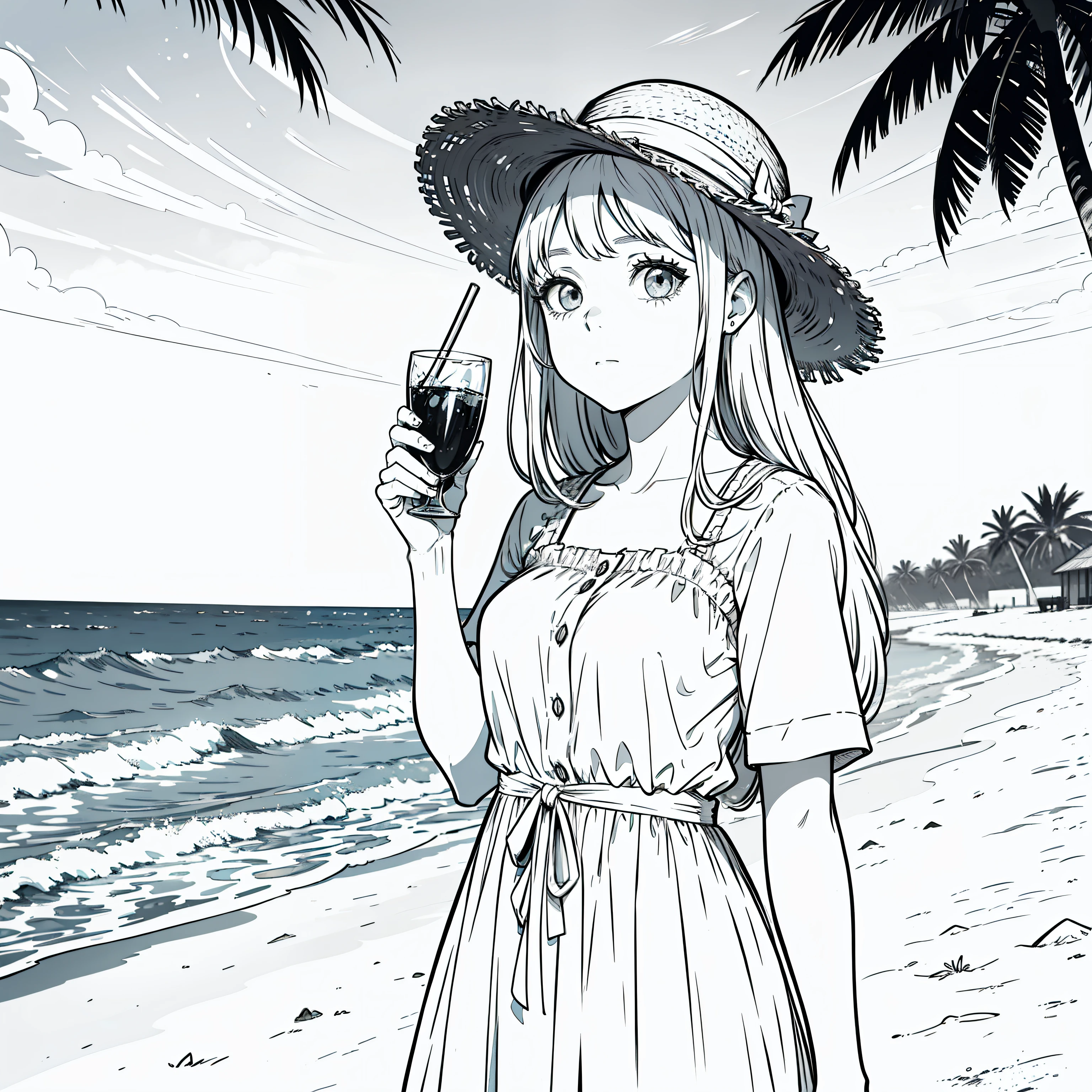 (obra maestra), mejor calidad, en la playa, primer plano, con arte lineal y monocromo, A girl with an intriguing expression and a straw hat in her hand.