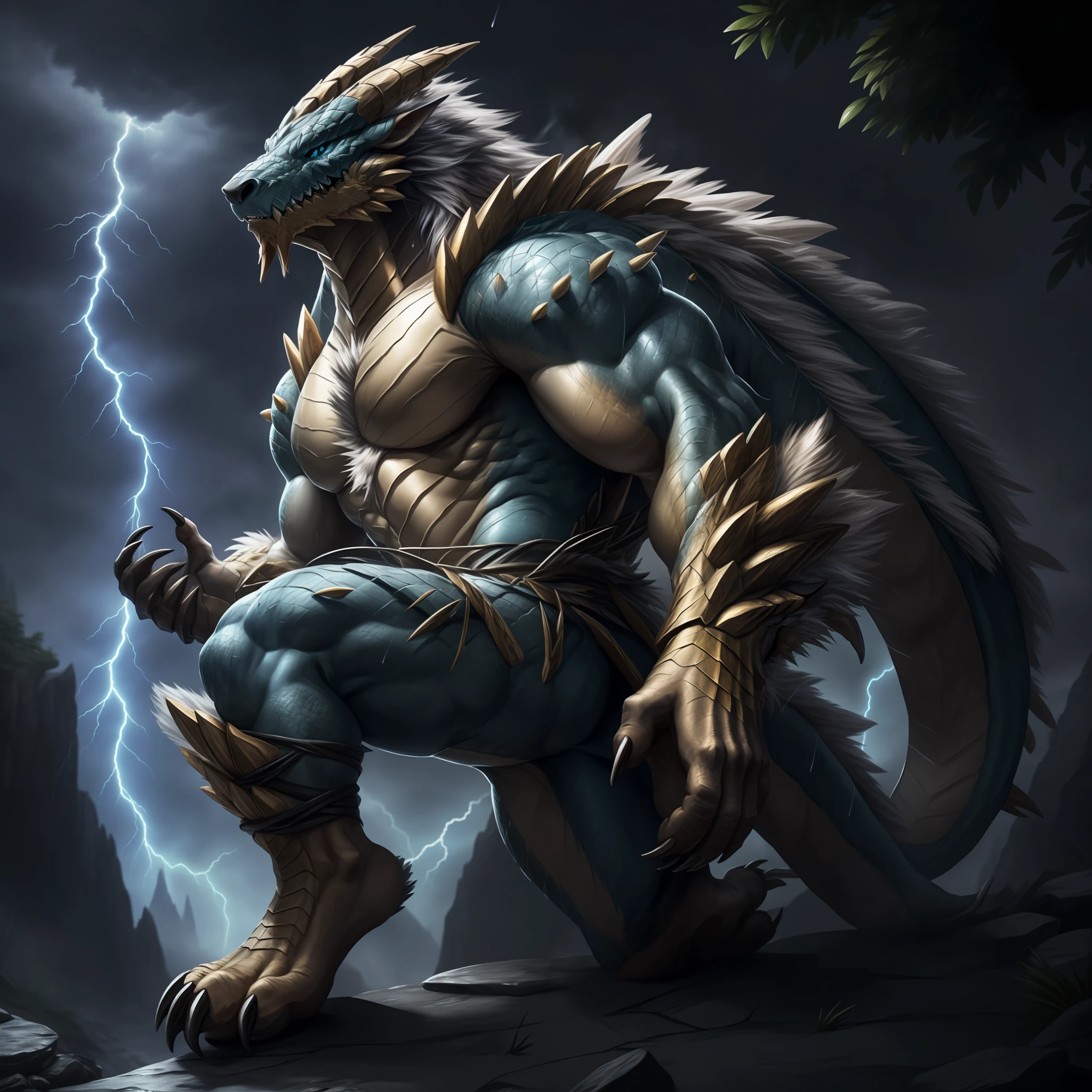 hexagons，zinogre，A male human dragon，Blue skin，Blue Short，The is erect，musculature，，Looks handsome，a backdrop of：Steep cliffs，Magic User，Thunder light，salama，rain drops，（digitgrade，toe claws），Slightly pitch black，4K level HD