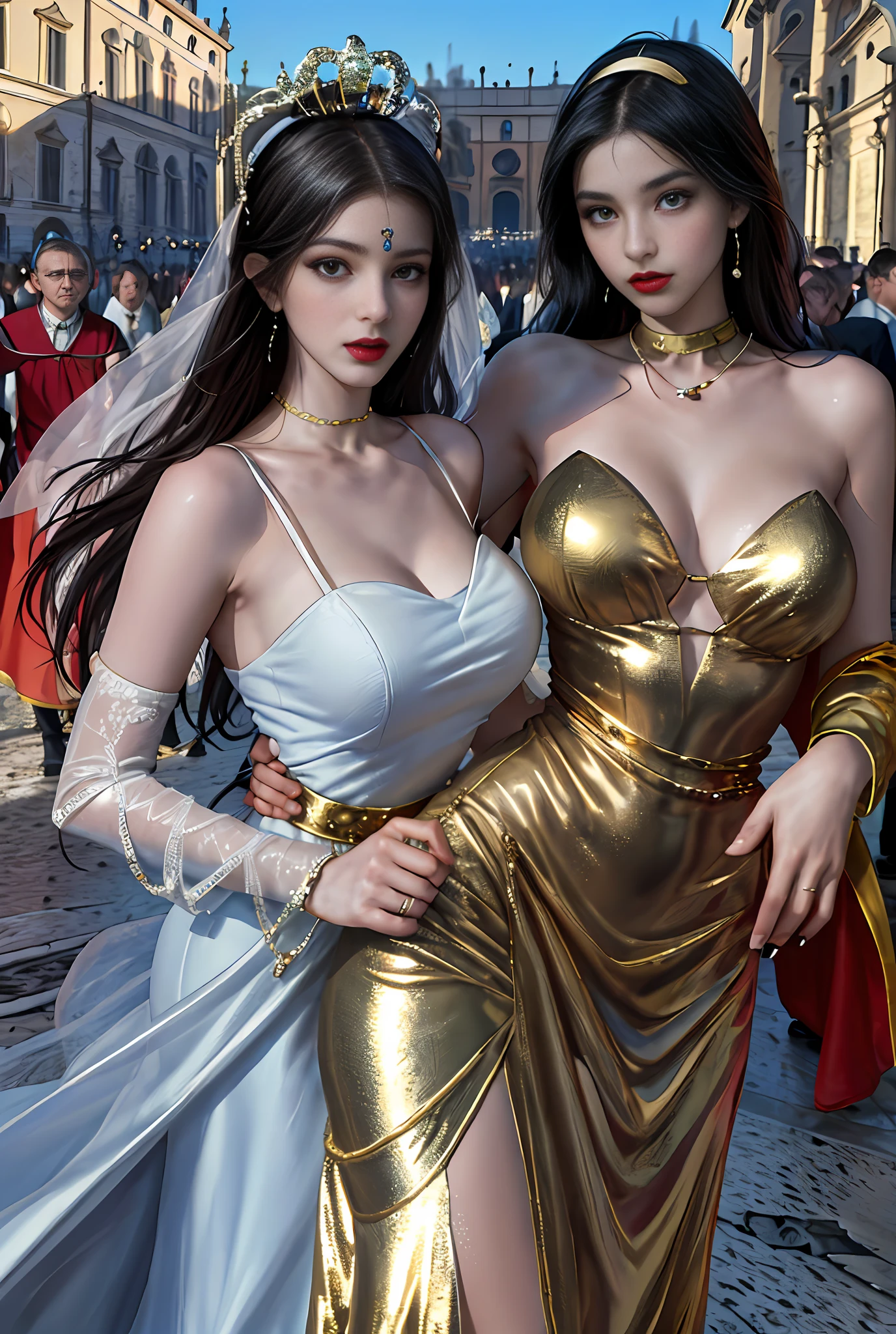 (巨作, Best quality, Realistic),
1girl huge large breasts,(on the St. Peter's Square of Vatican,crowd of), st. Peter's Square of Vatican background,gypsy dress,(Princess Eyes,shiny pupils),Dancing,  Gold, banquet, crowd of, picking up skirt,
[Slight smile],