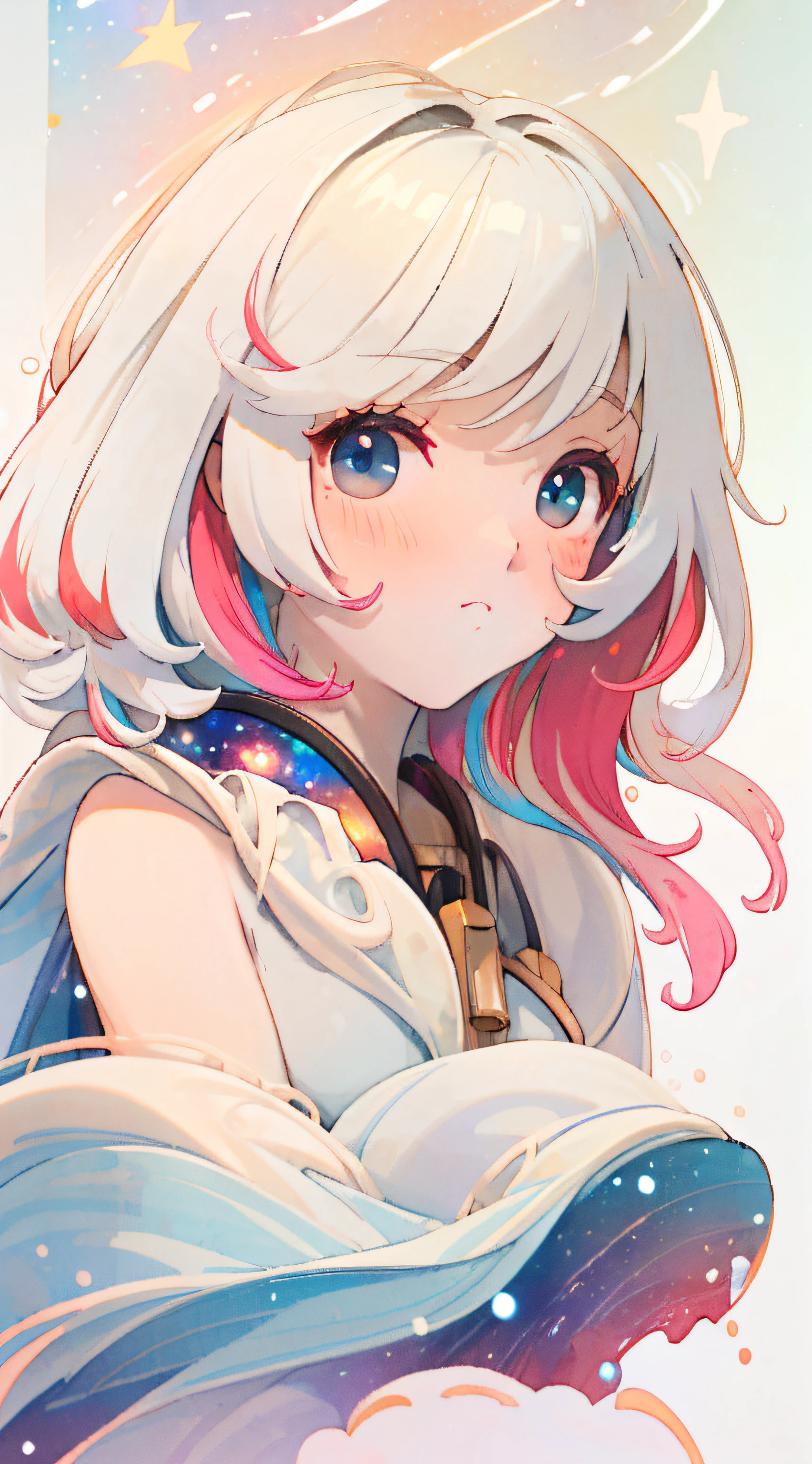 -((masterpiece)), (((best quality))), ((ultra-detailed)), ((illustration)),[realism light effect],shadow,(Fantasy style),(white background:1.6), simple background, (earth theme),(a cloak)[(hair focus,((1girl)),[(big slime hair): (cloud hair):0.3], (hair on background),(high saturation),(hair surrounded by galaxy splashes),(hair surrounded by white dot)):((her hair is becoming galaxy clouds,:1.27628), (hair and clothes is galaxy clouds and cluster of stars:1.1025),(a cloak is becoming galaxy clouds)(colorful_galaxy_print_clusters_of_stars_print:1.35),((detailed starry sky with colorful galaxy and galaxy clouds):1.2)):0.35], (((masterpiece))),(((best quality))),((ultra-detailed)),(illustration),(dynamic angle),((floating)),(paint),((disheveled hair)),((beautiful detailed face)),collar,bare shoulders,white hair, ((colorful hair)),((streaked hair)),beautiful detailed eyes,(Gradient color eyes),(((colorful eyes))),(((colorful background))),(((high saturation))),(((surrounded by colorful splashes))),(((surrounded by colorful dot))),colorful bubble,((shining))