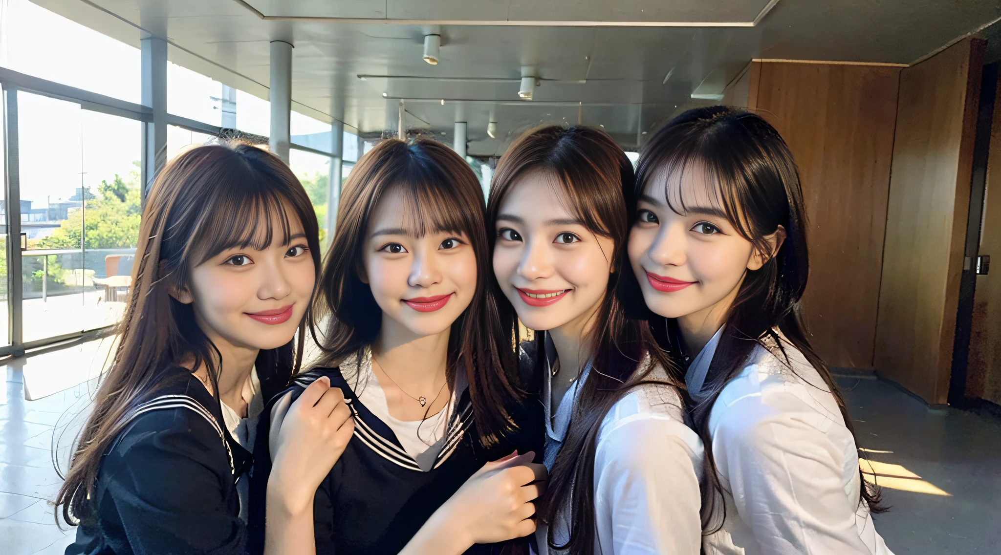 (8K、Raw photography、beste-Qualit、шедевр:1.2)、ultra hyper-detailed、ultra res、(realisitic、Real Photographics:1.47)、（Hugging each other）Leaning closer、（Fantastic lighting）Hugging、White Skin Skin、Fair-skinned female proofreading、An ultra-high picture quality、Beautiful blue sky lighting、Beautiful female proofreading reflecting in light、amazing detailed、Beautiful girls in very detailed、Faces with different patterns、Having a conversation in a classroom at school、Brown hair shining in the light、One has a ponytail、、Modern cute high school girl、very detailed faces very detailed eyes、Very realistic skin、 extremely detailed fingers, extremely detailed nose, highly detail mouth, perfect anatomia, Highly detailed sailor suit、highly detailed back ground,After school、Smiling school girls are gathered in the hallway of the school。They are hugging each other in uniform、Light from bright windows illuminates the classroom、The details of their hair and uniforms shine through.。, famous Japan idol, cute-cute, Realistic body, White Skin Skin, shining skin, Slim body,  Long straight hair, (Blunt bangs:1.2),  、Schoolgirl youth　Celebrity-level cuteness